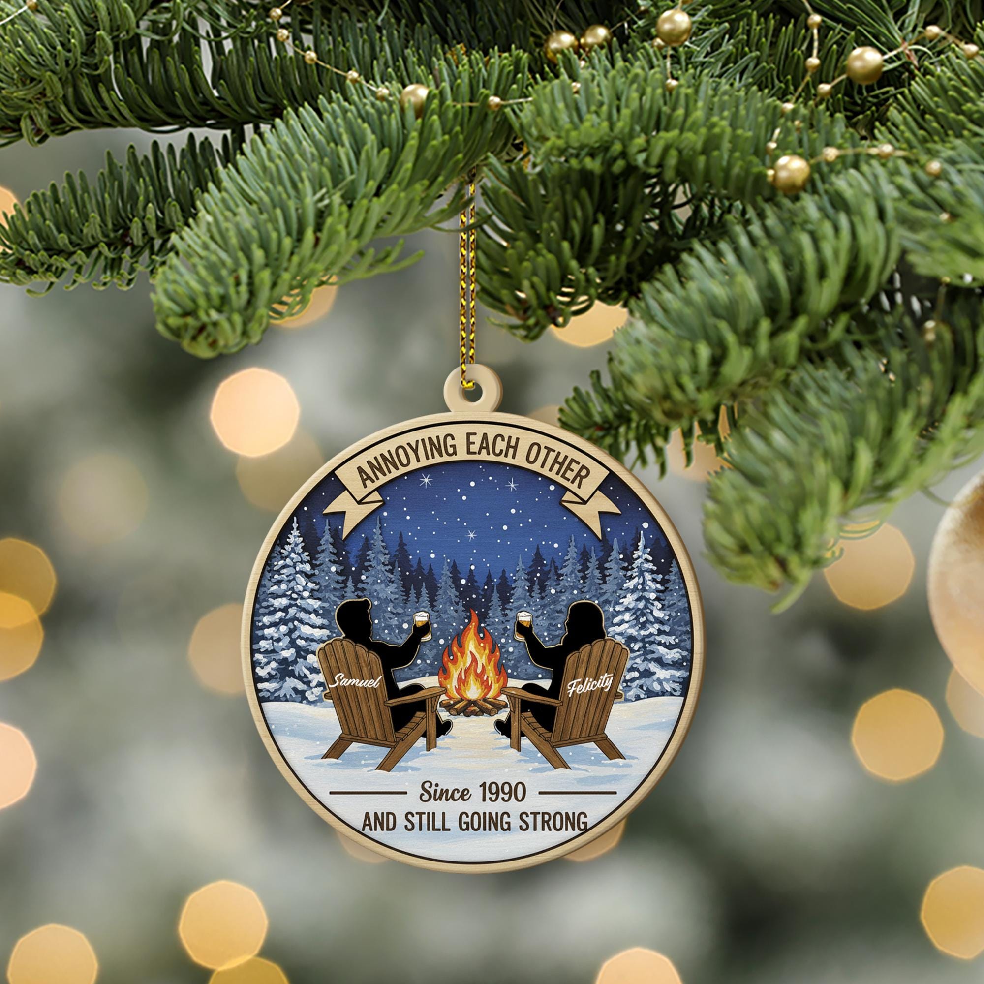 Personalized Wood Ornament: Campfire Scene Winter Decor, Custom Couple Keepsake