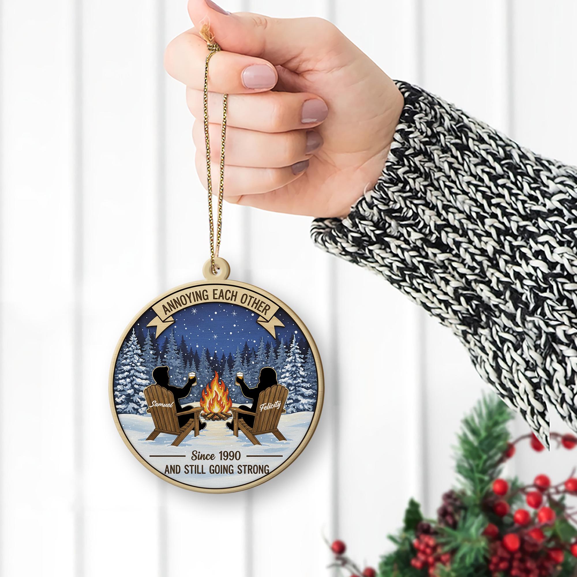 Personalized Wood Ornament: Campfire Scene Winter Decor, Custom Couple Keepsake