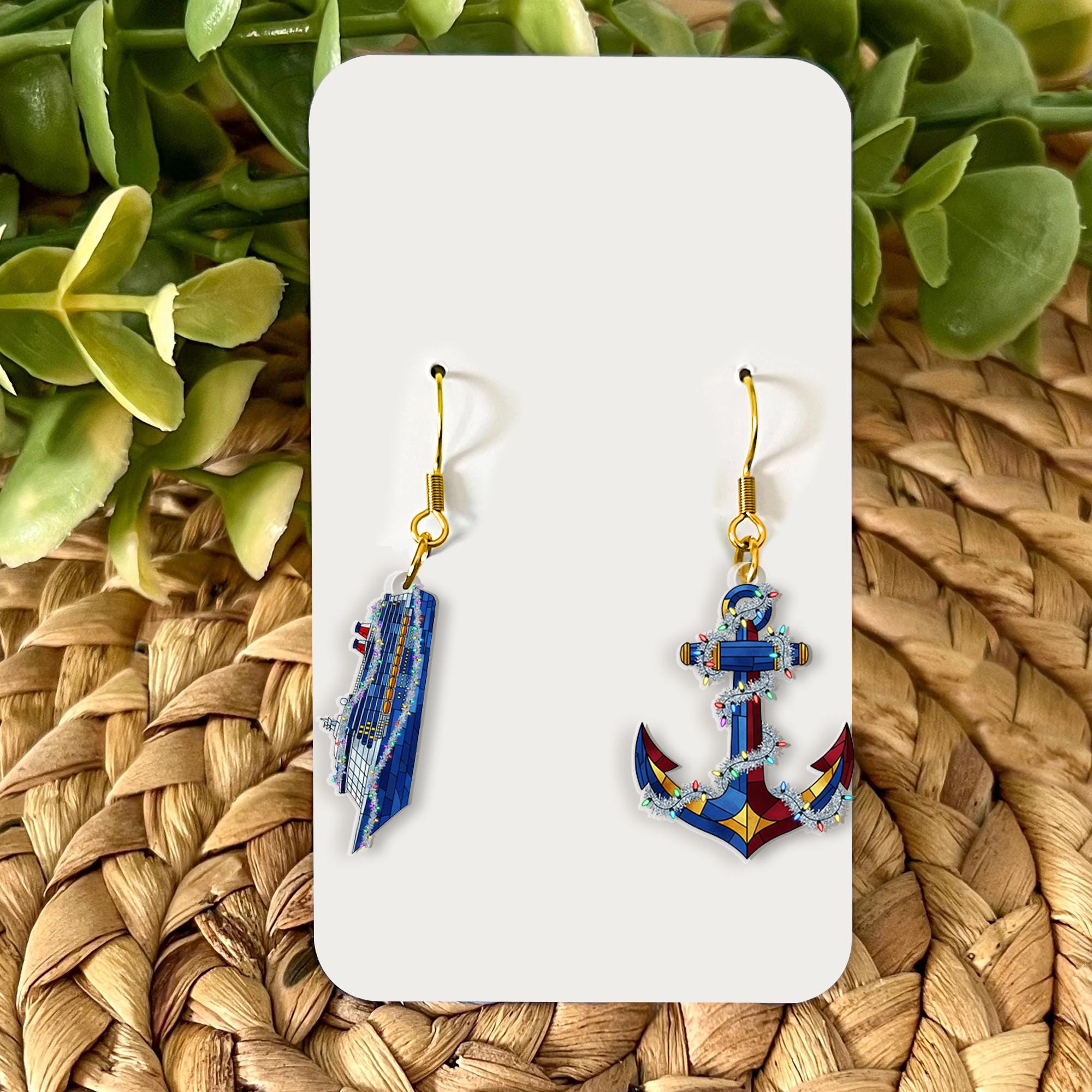 Acrylic Earrings: Nautical Cruise Ship and Anchor Design, Marine Theme Jewelry