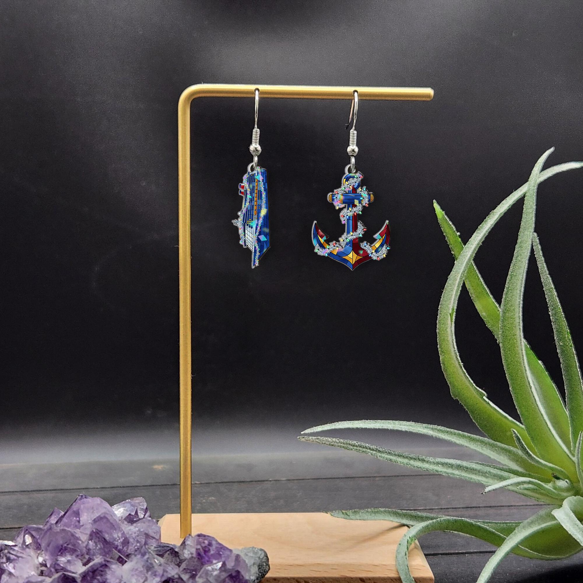 Acrylic Earrings: Nautical Cruise Ship and Anchor Design, Marine Theme Jewelry
