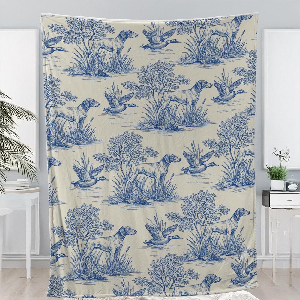 German Shorthaired Pointer Blanket – Blue Toile Hunting Dog Throw