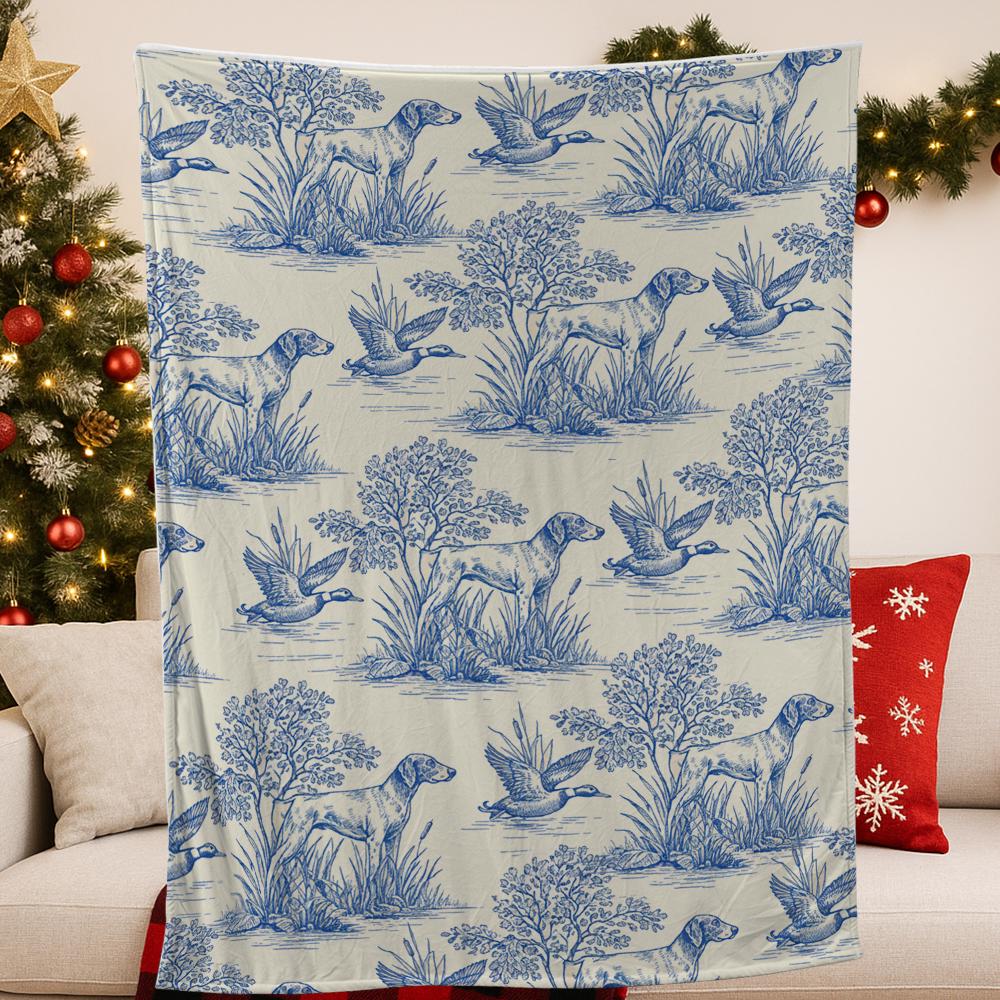 German Shorthaired Pointer Blanket – Blue Toile Hunting Dog Throw