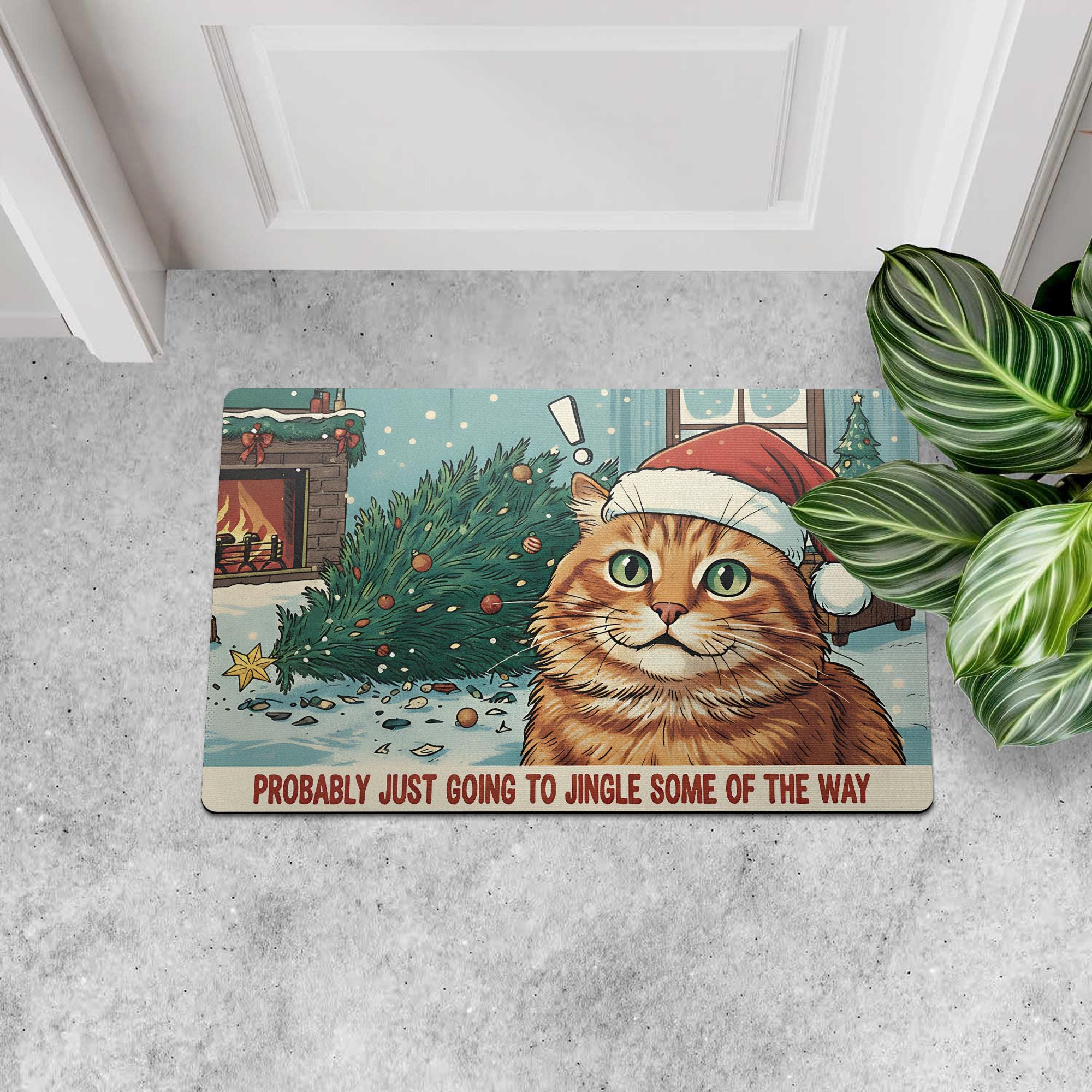 Personalized Christmas Cat Doormat — “Probably Just Going to Jingle Some of the Way” Design — Indoor/Outdoor Rubber Mat