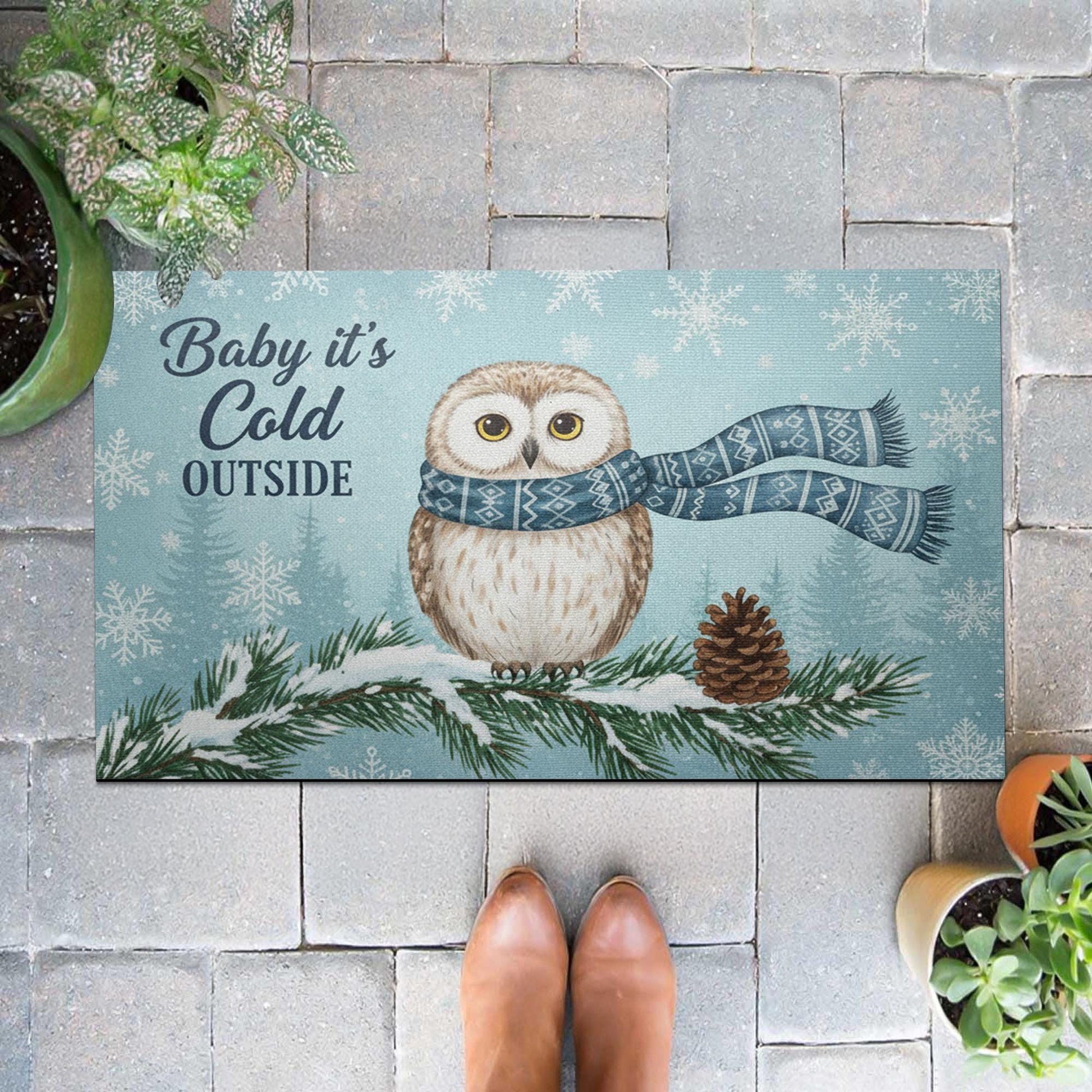 Custom Outdoor Snowy Owl Doormat – “Baby It’s Cold Outside” Winter Welcome Mat