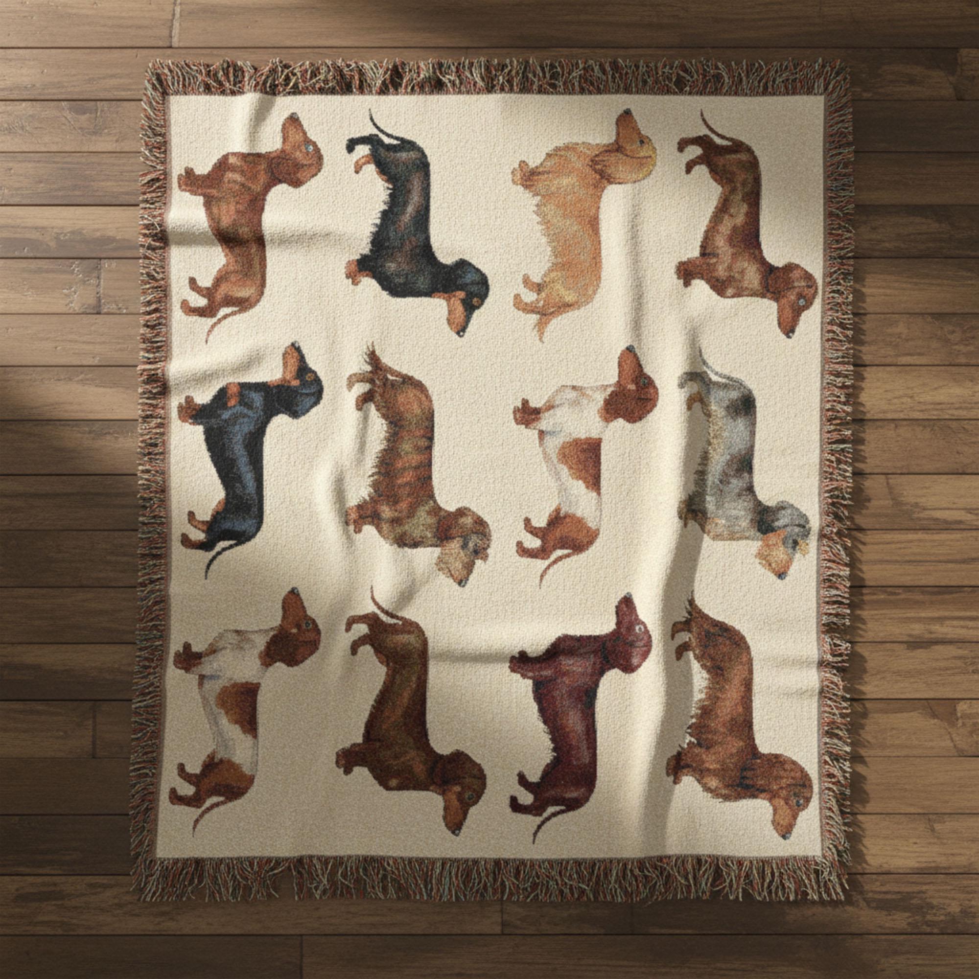 Dachshund Woven Blanket: Dog Breed Grid Design, Multicolor Throw, Decorative Pet Lover Tapestry