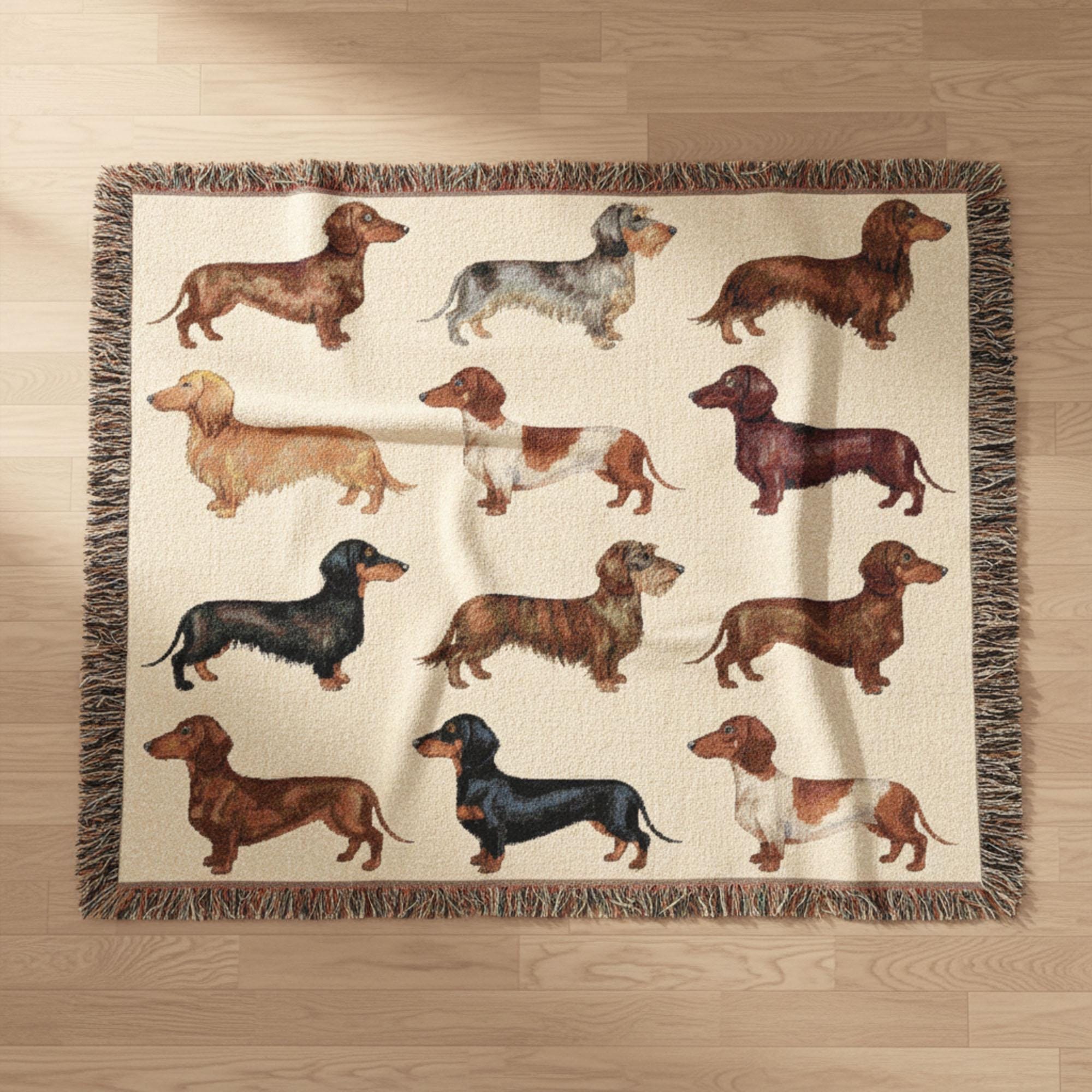 Dachshund Woven Blanket: Dog Breed Grid Design, Multicolor Throw, Decorative Pet Lover Tapestry