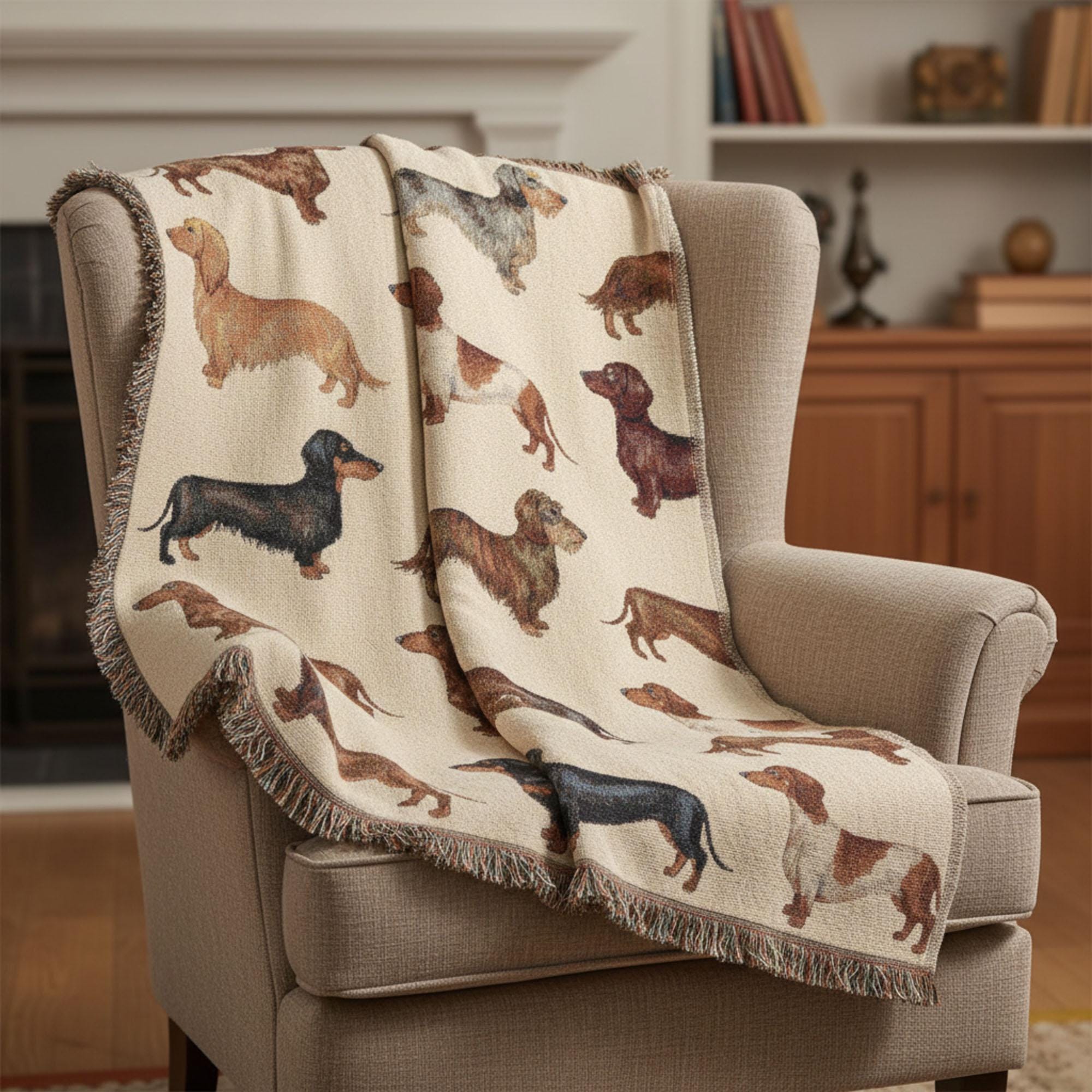 Dachshund Woven Blanket: Dog Breed Grid Design, Multicolor Throw, Decorative Pet Lover Tapestry