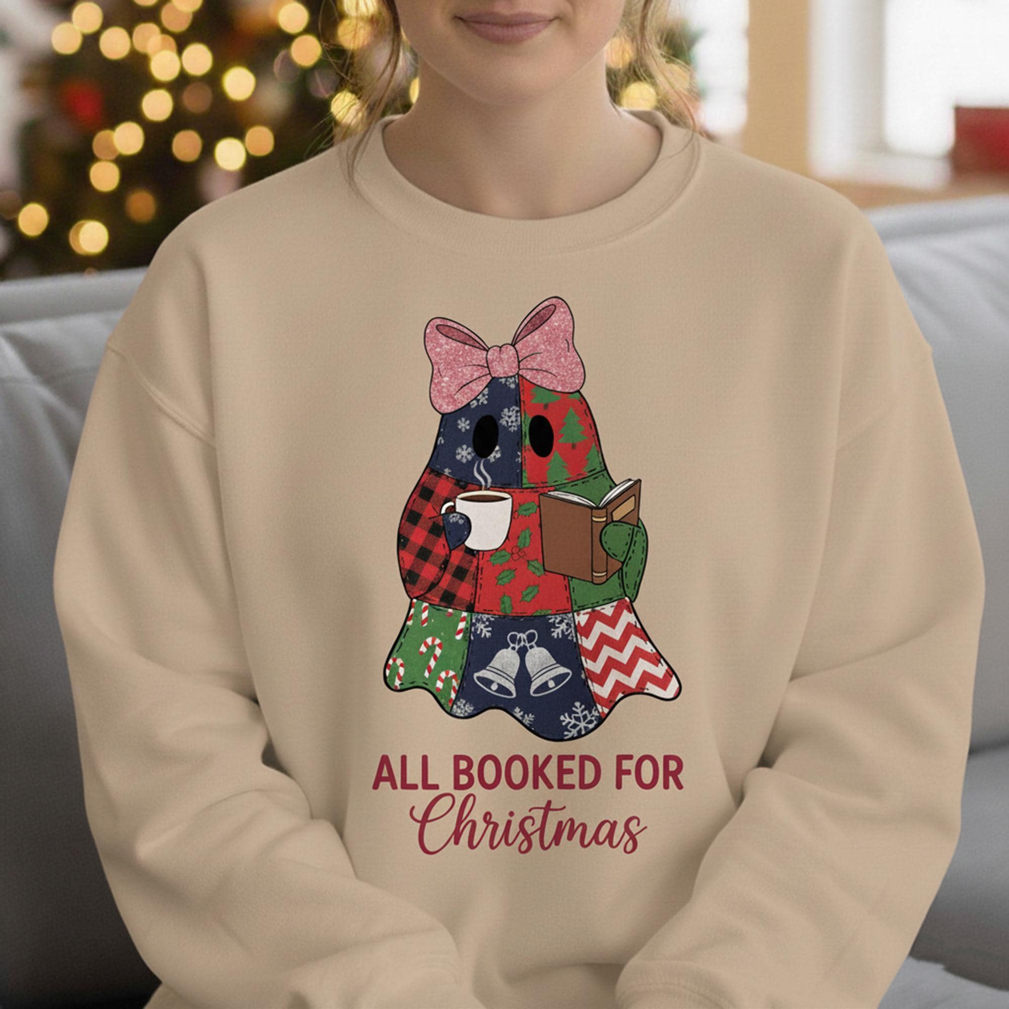 Patchwork Ghost Christmas Sweatshirt: Reading Book Crewneck
