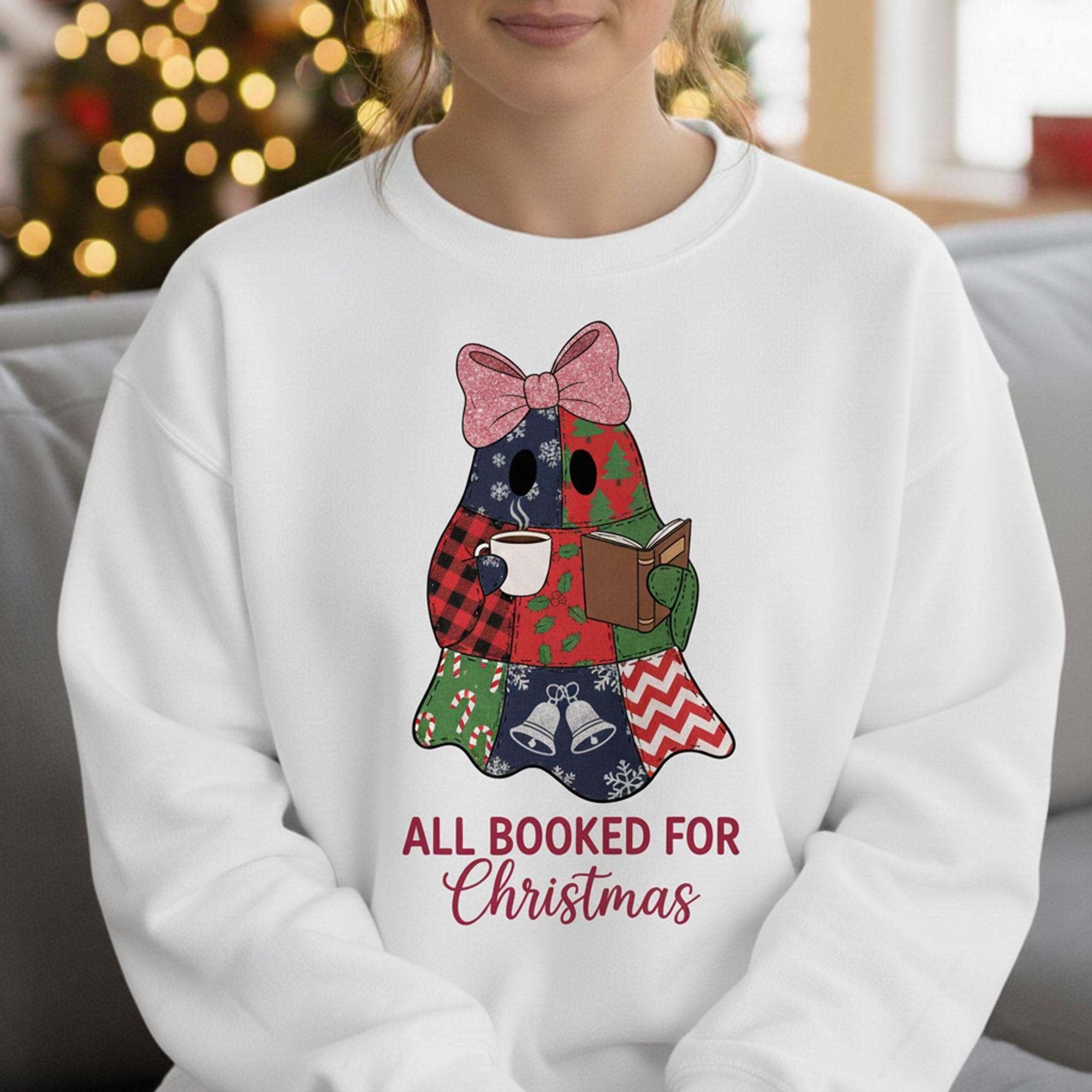 Patchwork Ghost Christmas Sweatshirt: Reading Book Crewneck