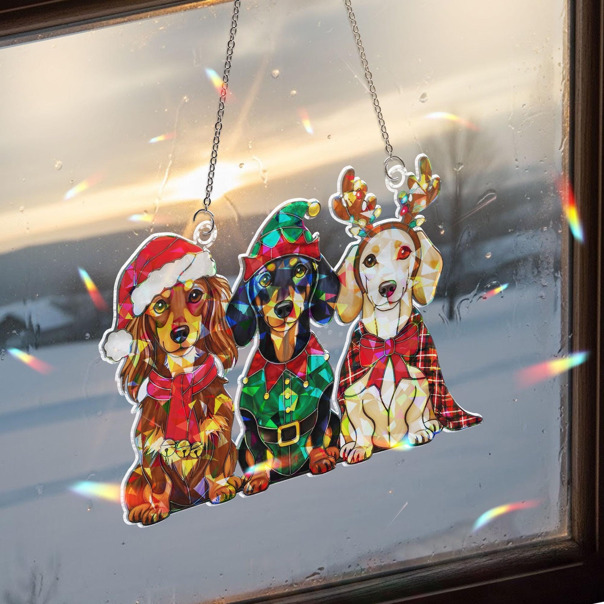 Holographic Dachshund Window Hanging: Acrylic Christmas Dog, Suncatcher Decor