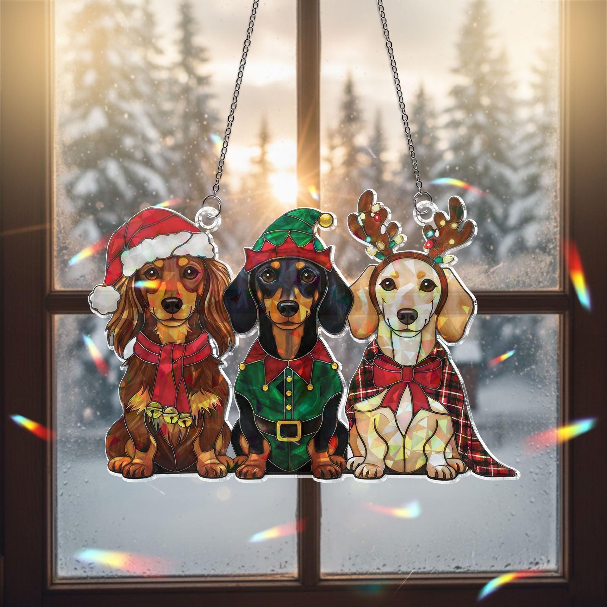 Holographic Dachshund Window Hanging: Acrylic Christmas Dog, Suncatcher Decor