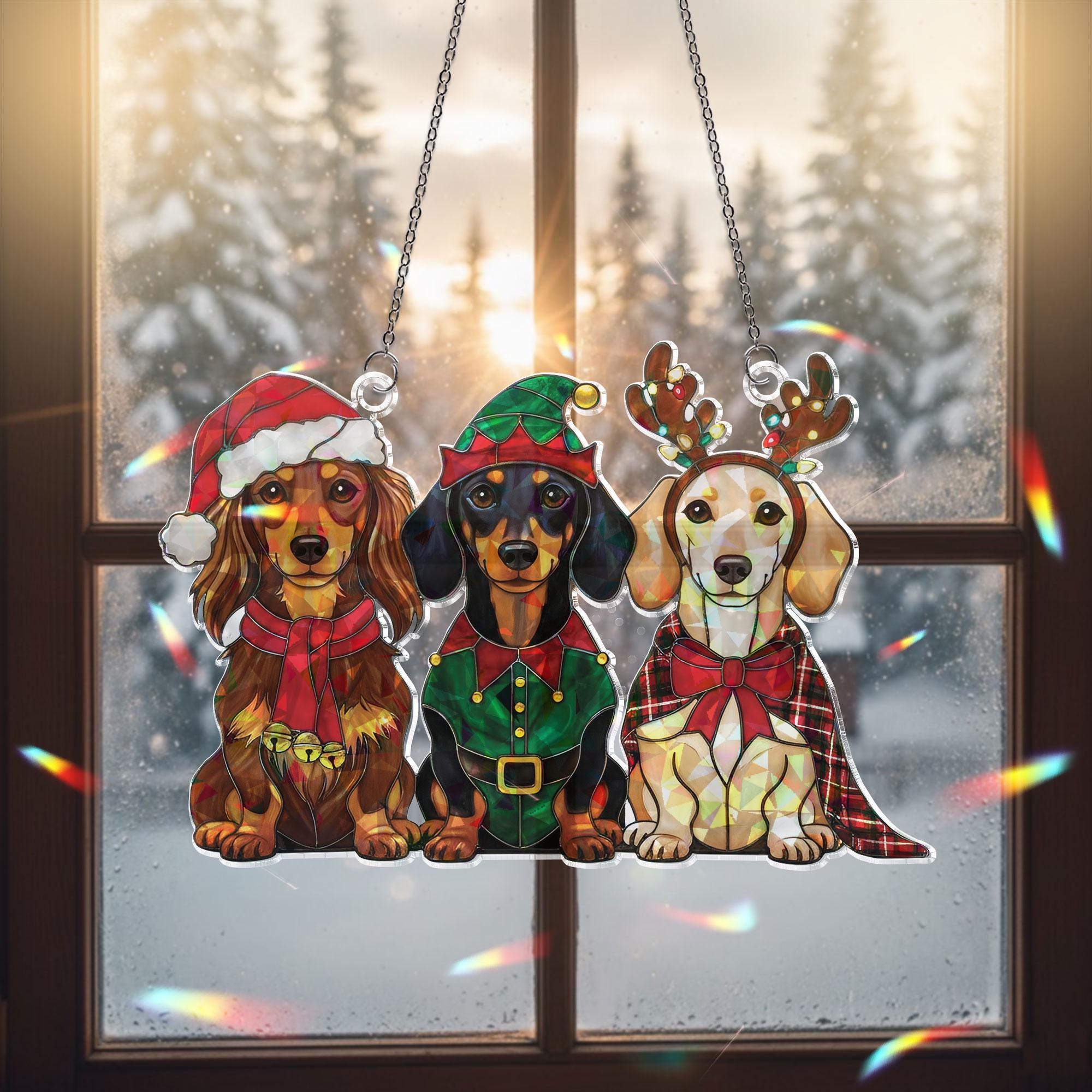 Holographic Dachshund Window Hanging: Acrylic Christmas Dog, Suncatcher Decor