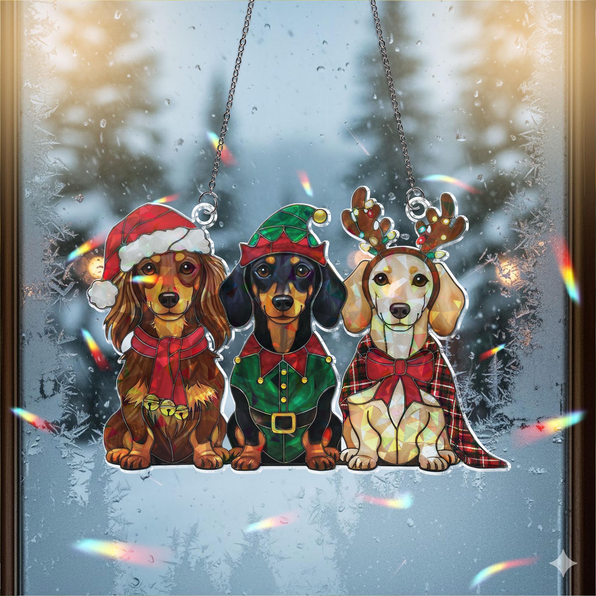 Holographic Dachshund Window Hanging: Acrylic Christmas Dog, Suncatcher Decor