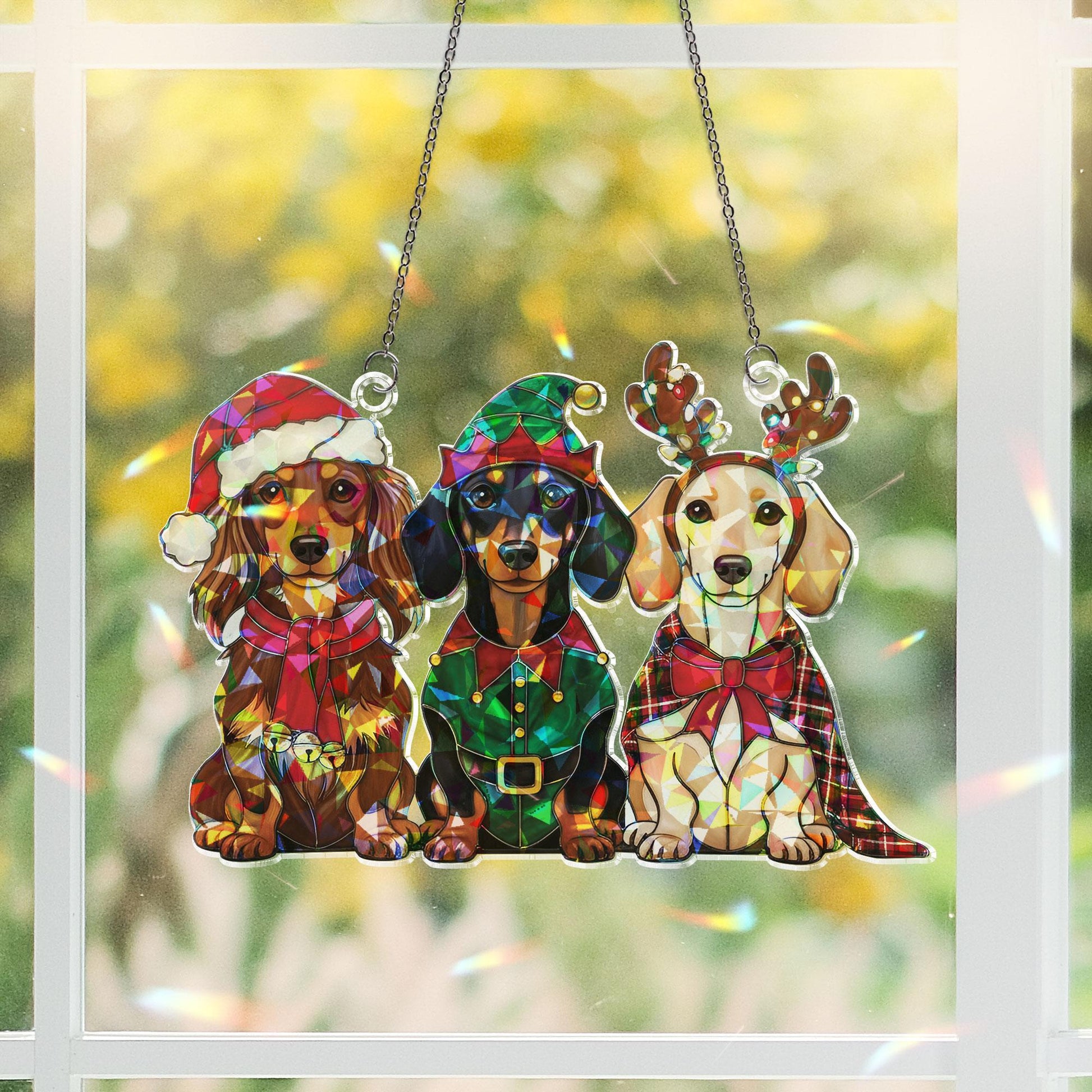 Holographic Dachshund Window Hanging: Acrylic Christmas Dog, Suncatcher Decor