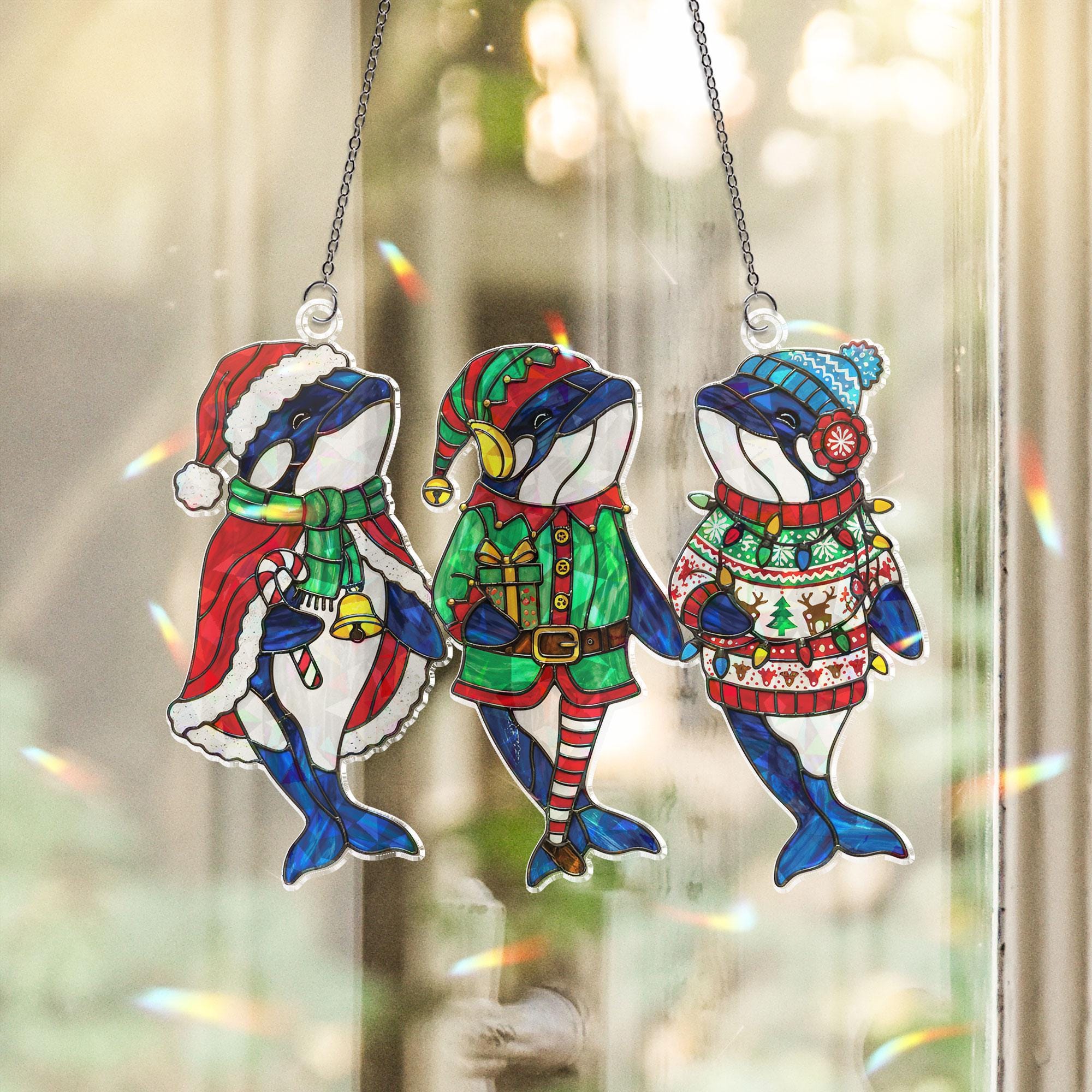 Hologram Acrylic Orca Christmas Suncatcher Trio: Holiday Window Decor