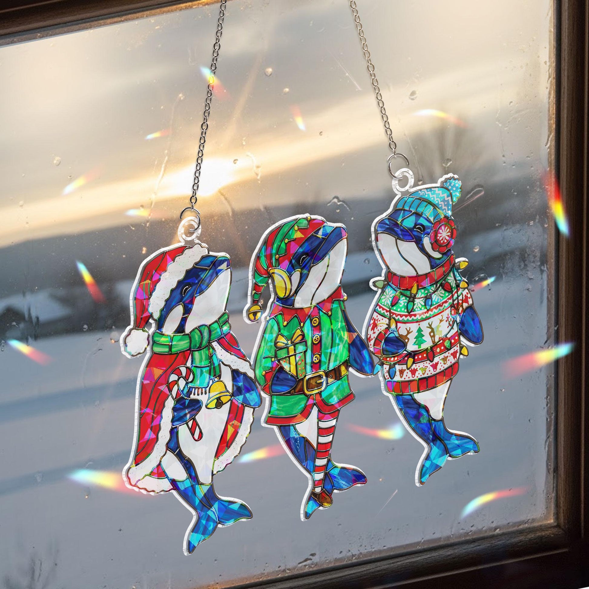 Hologram Acrylic Orca Christmas Suncatcher Trio: Holiday Window Decor