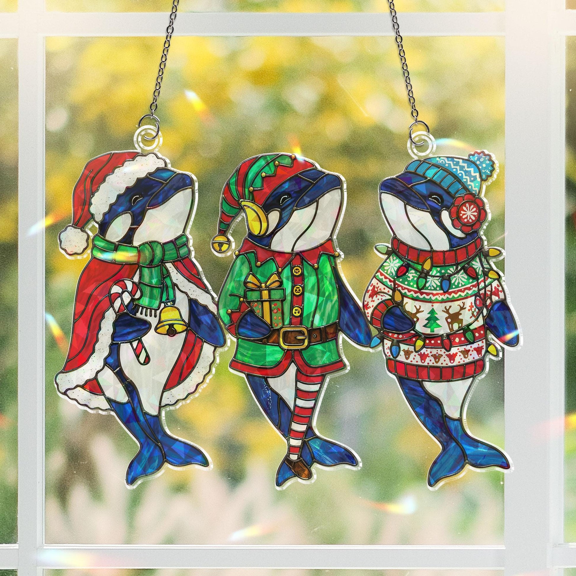 Hologram Acrylic Orca Christmas Suncatcher Trio: Holiday Window Decor