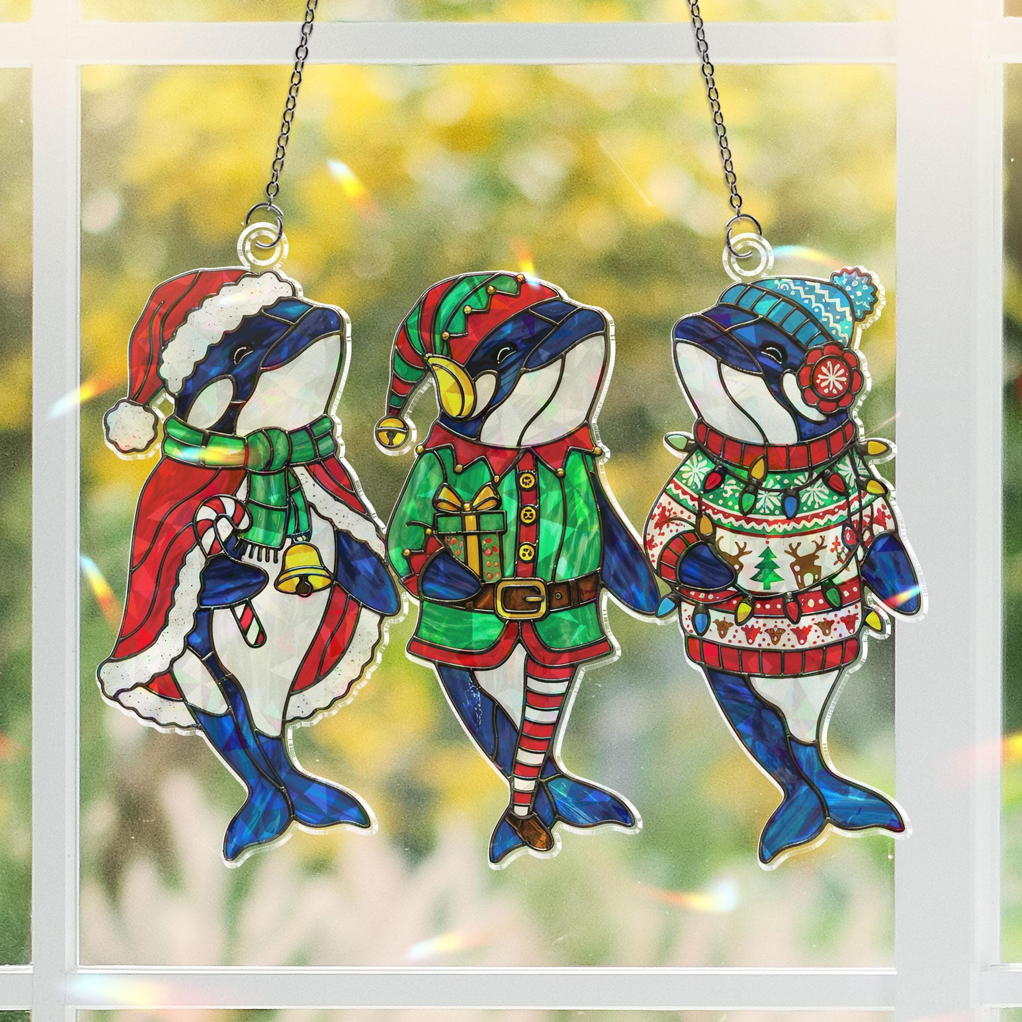 Hologram Acrylic Orca Christmas Suncatcher Trio: Holiday Window Decor