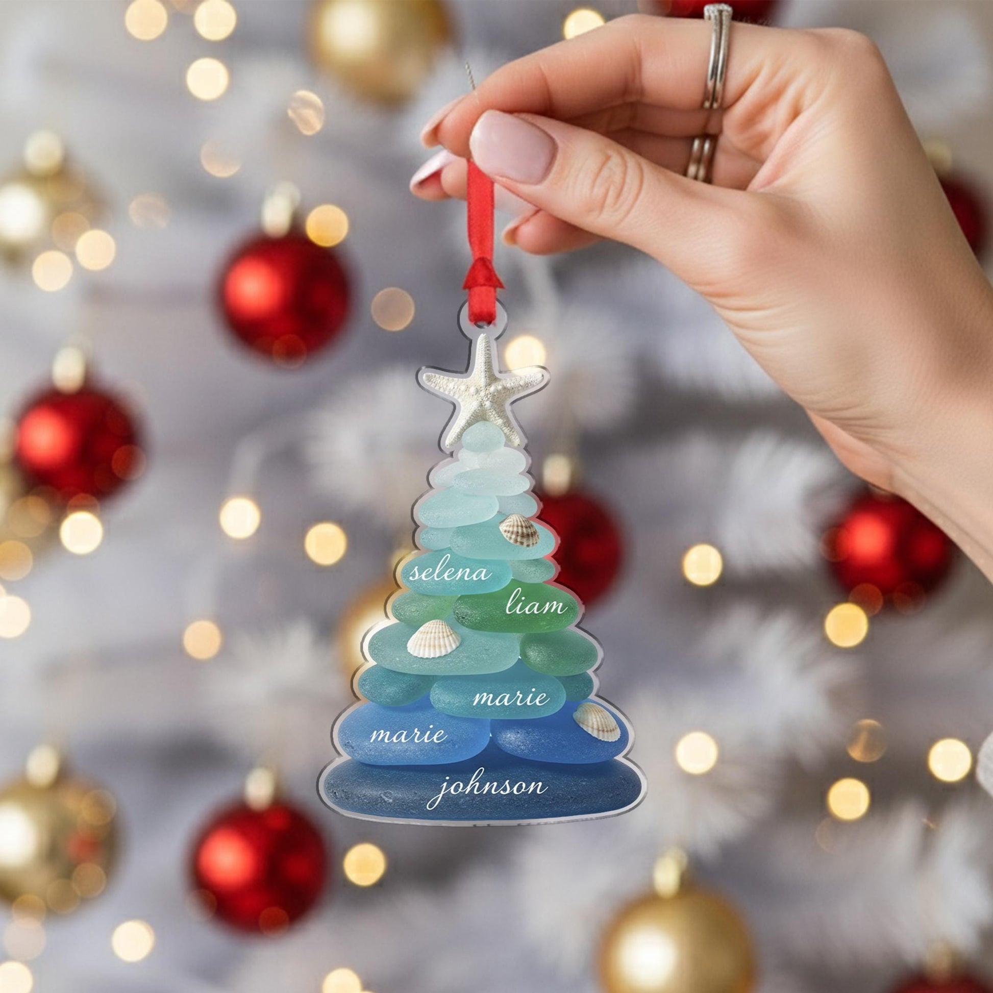Custom Sea Glass Tree Flat Ornament Acrylic Family Name Christmas Decoration