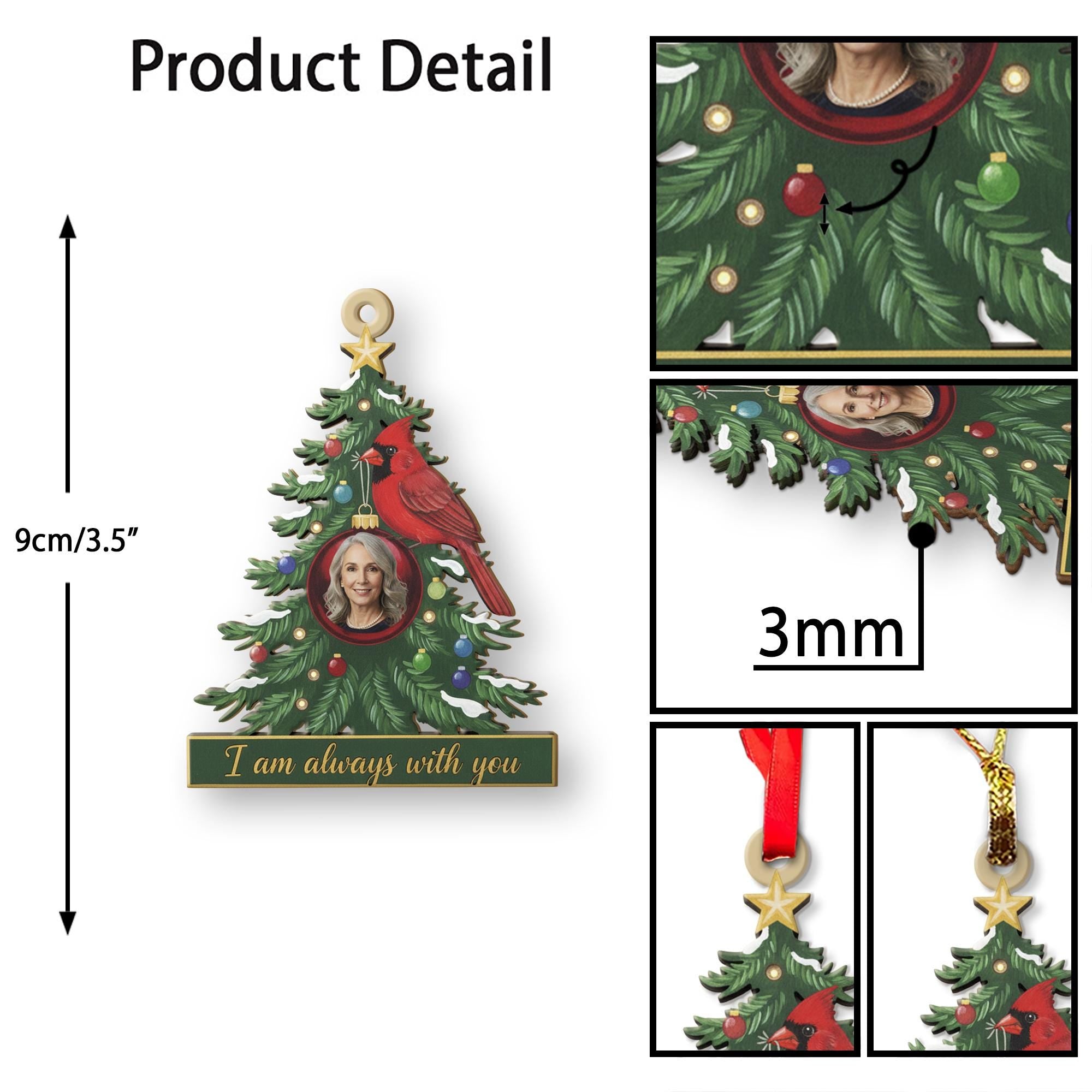 Wood Christmas Tree Ornament with Cardinal and Photo Frame – Personalized Memorial Keepsake Decoration