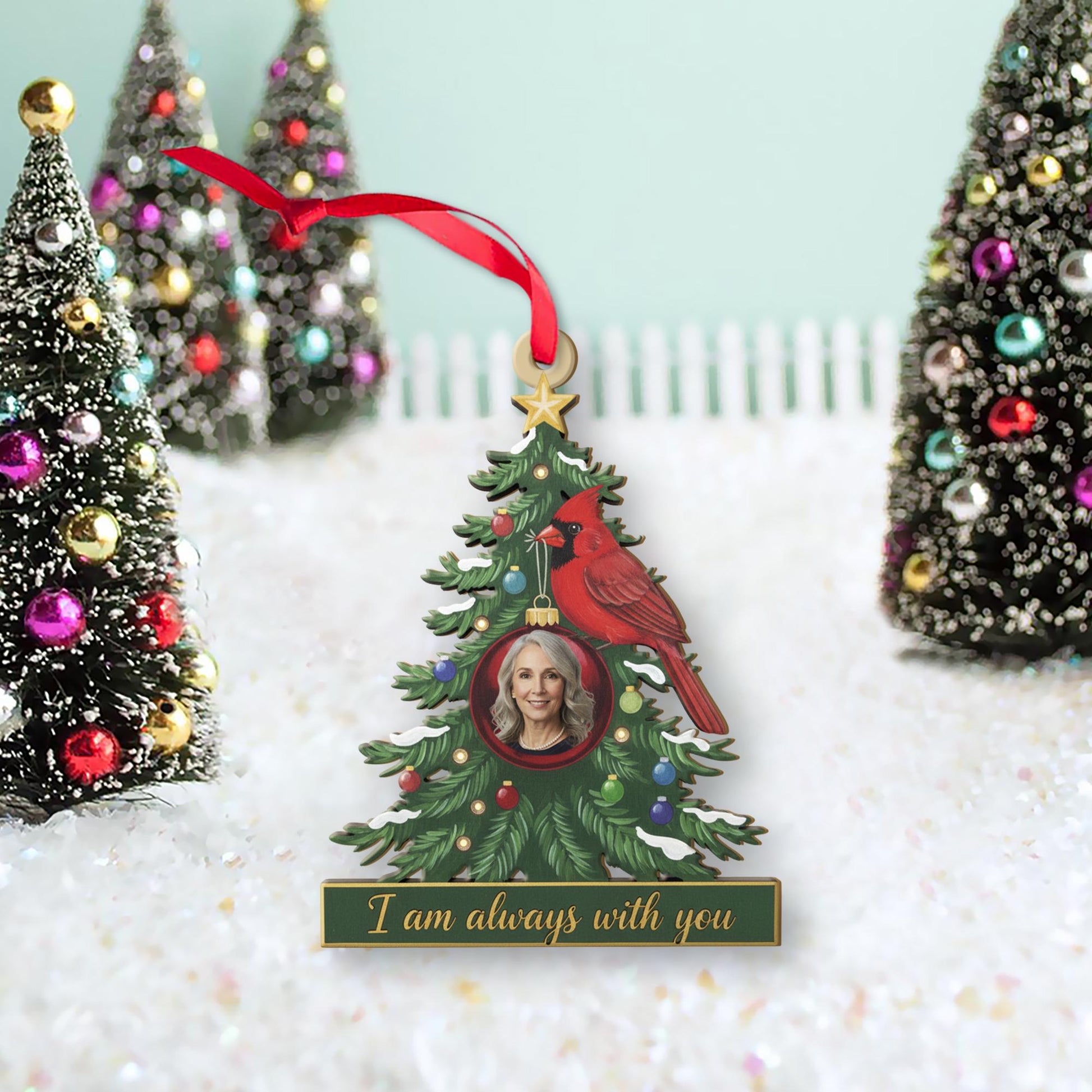 Wood Christmas Tree Ornament with Cardinal and Photo Frame – Personalized Memorial Keepsake Decoration