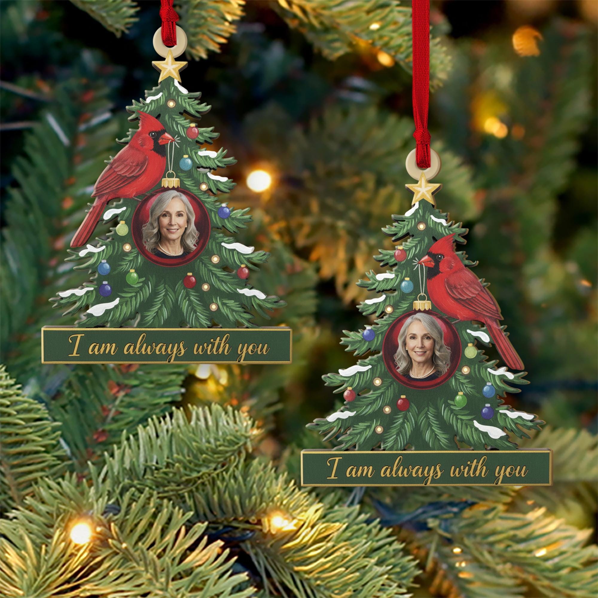 Wood Christmas Tree Ornament with Cardinal and Photo Frame – Personalized Memorial Keepsake Decoration