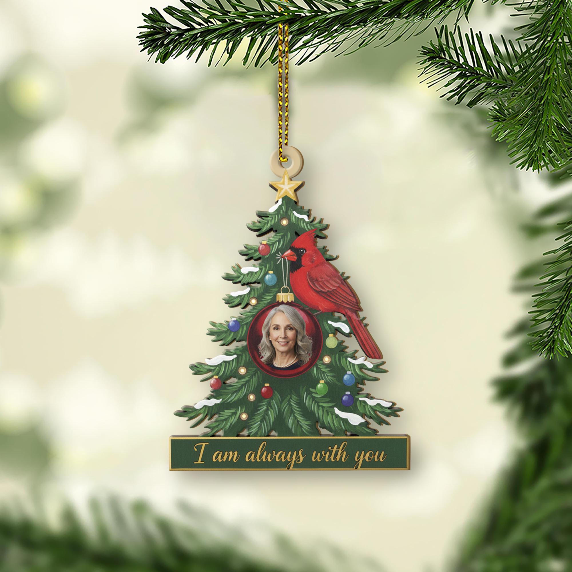 Wood Christmas Tree Ornament with Cardinal and Photo Frame – Personalized Memorial Keepsake Decoration