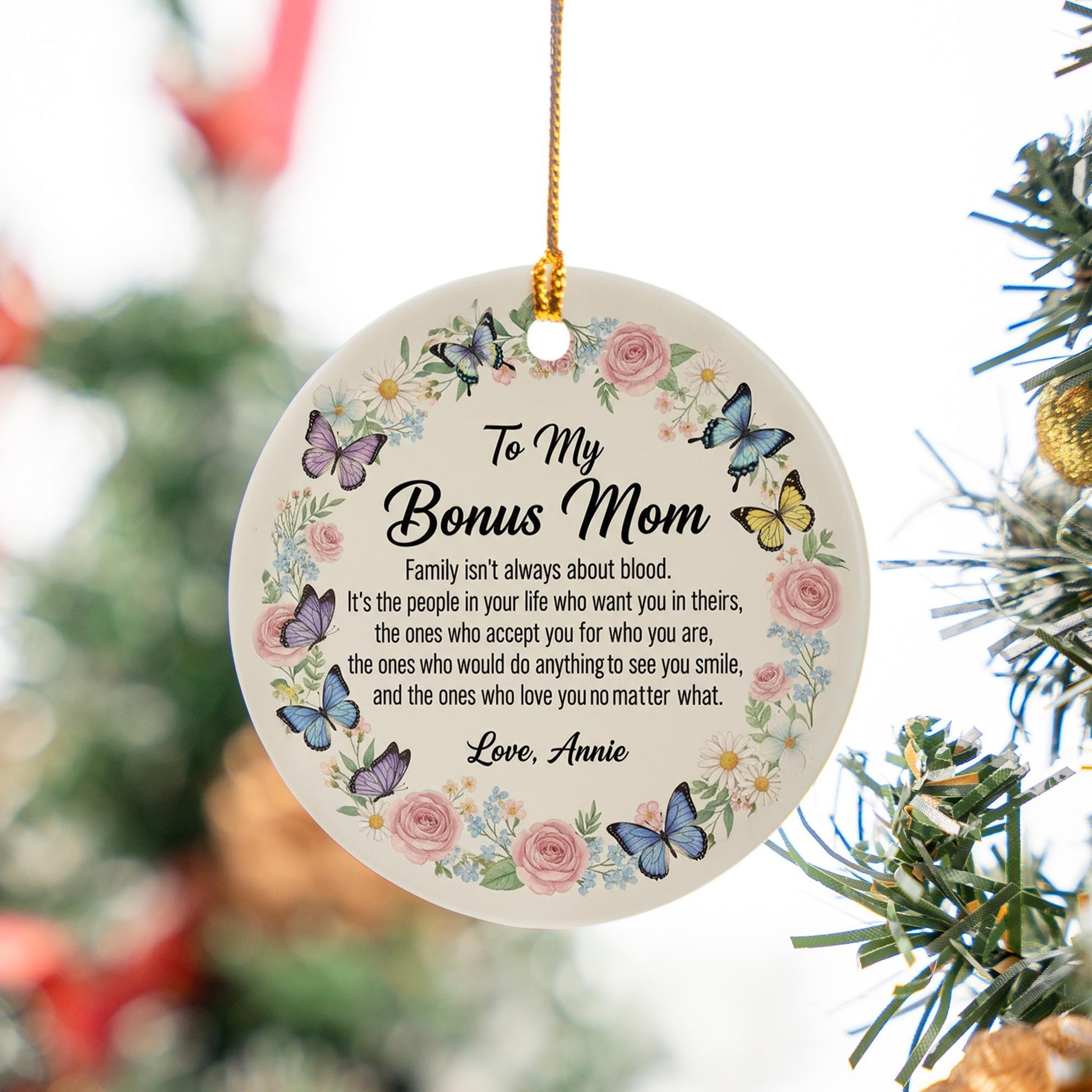 Personalized Ceramic Ornament – Bonus Mom Quote Keepsake with Floral and Butterfly Design