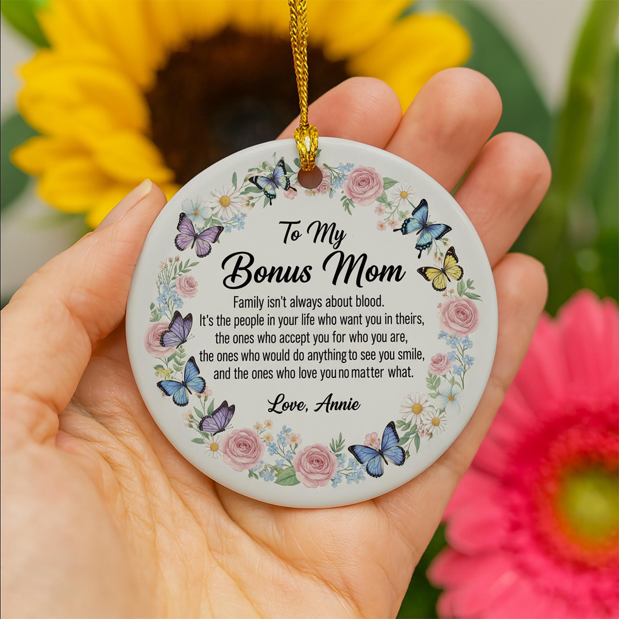 Personalized Ceramic Ornament – Bonus Mom Quote Keepsake with Floral and Butterfly Design