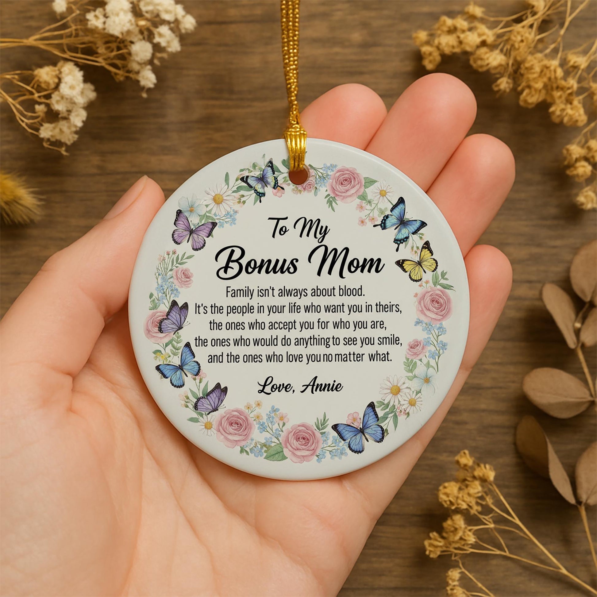 Personalized Ceramic Ornament – Bonus Mom Quote Keepsake with Floral and Butterfly Design