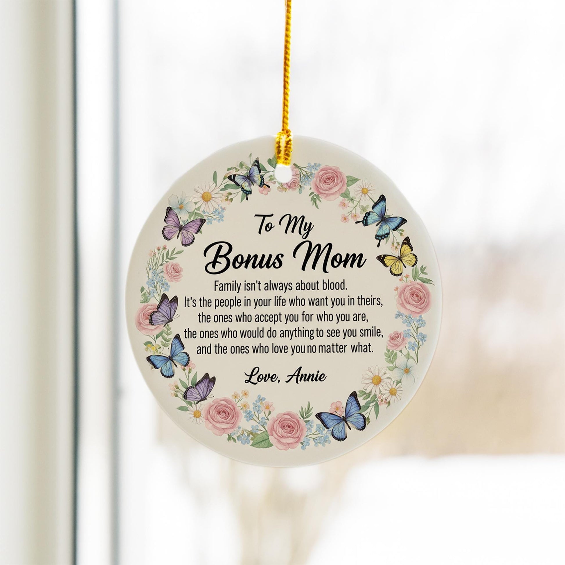 Personalized Ceramic Ornament – Bonus Mom Quote Keepsake with Floral and Butterfly Design