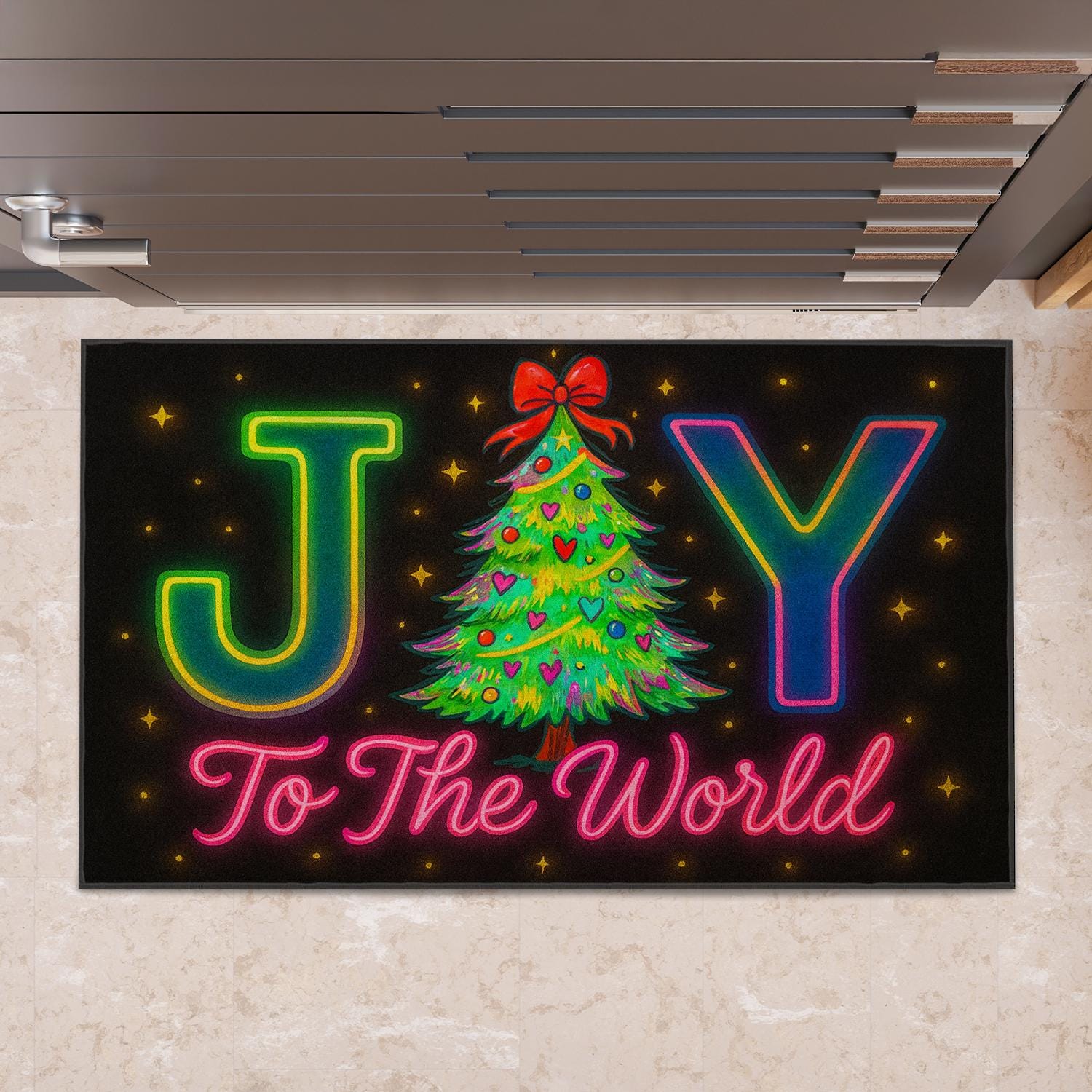 Neon Christmas Tree Doormat: Joy To The World Holiday Decor