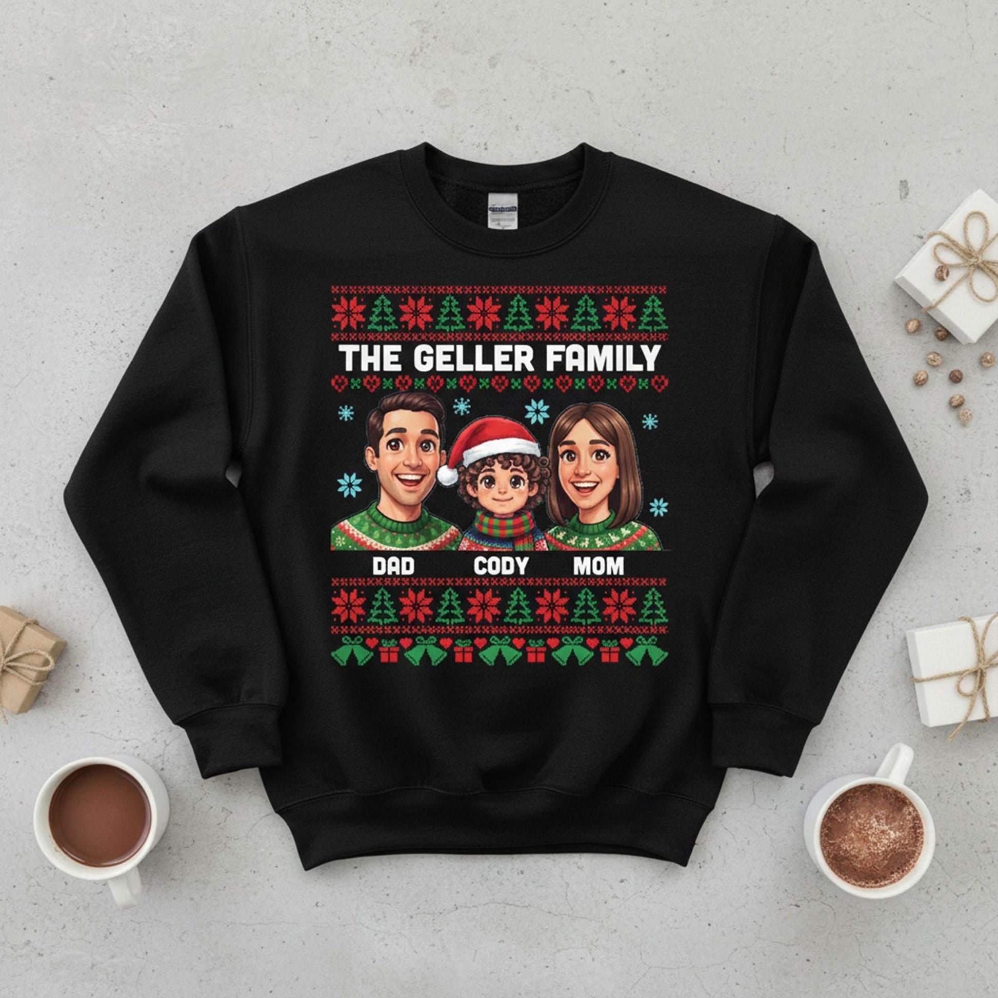 Custom Family Sweatshirt: Ugly Sweater Pattern Pullover, Personalized Cartoon Portrait, Holiday Matching Apparel