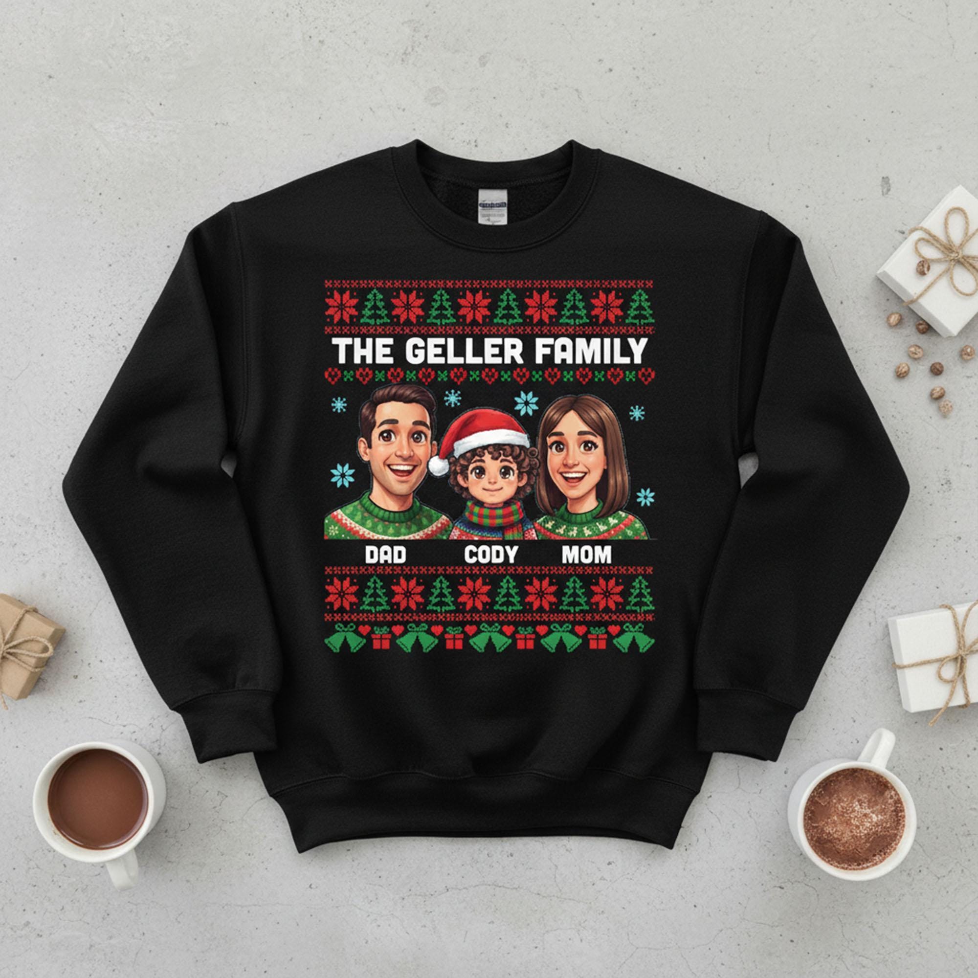 Custom Family Sweatshirt: Ugly Sweater Pattern Pullover, Personalized Cartoon Portrait, Holiday Matching Apparel