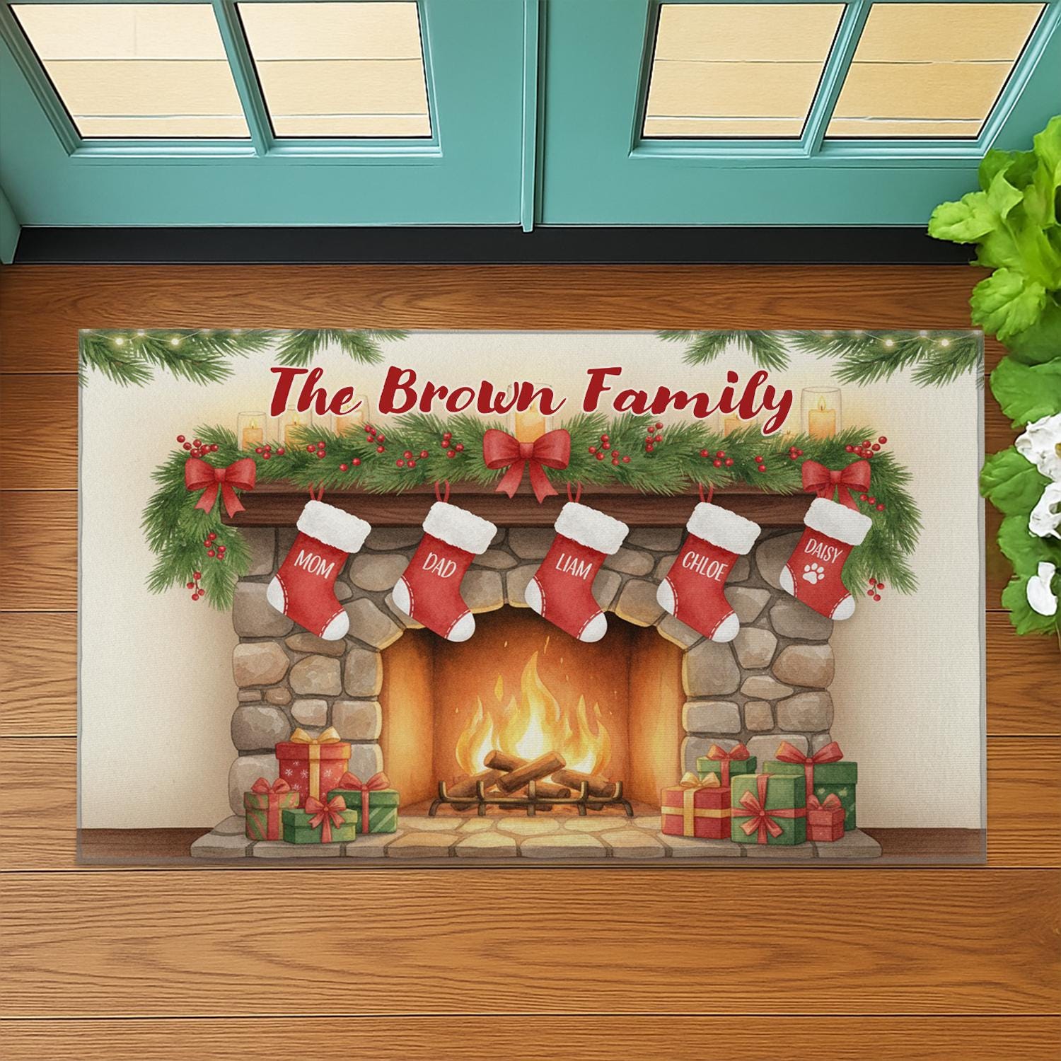 Christmas Doormat –Family Stockings & Fireplace Design, Non-Slip Back, Indoor Outdoor Holiday Mat