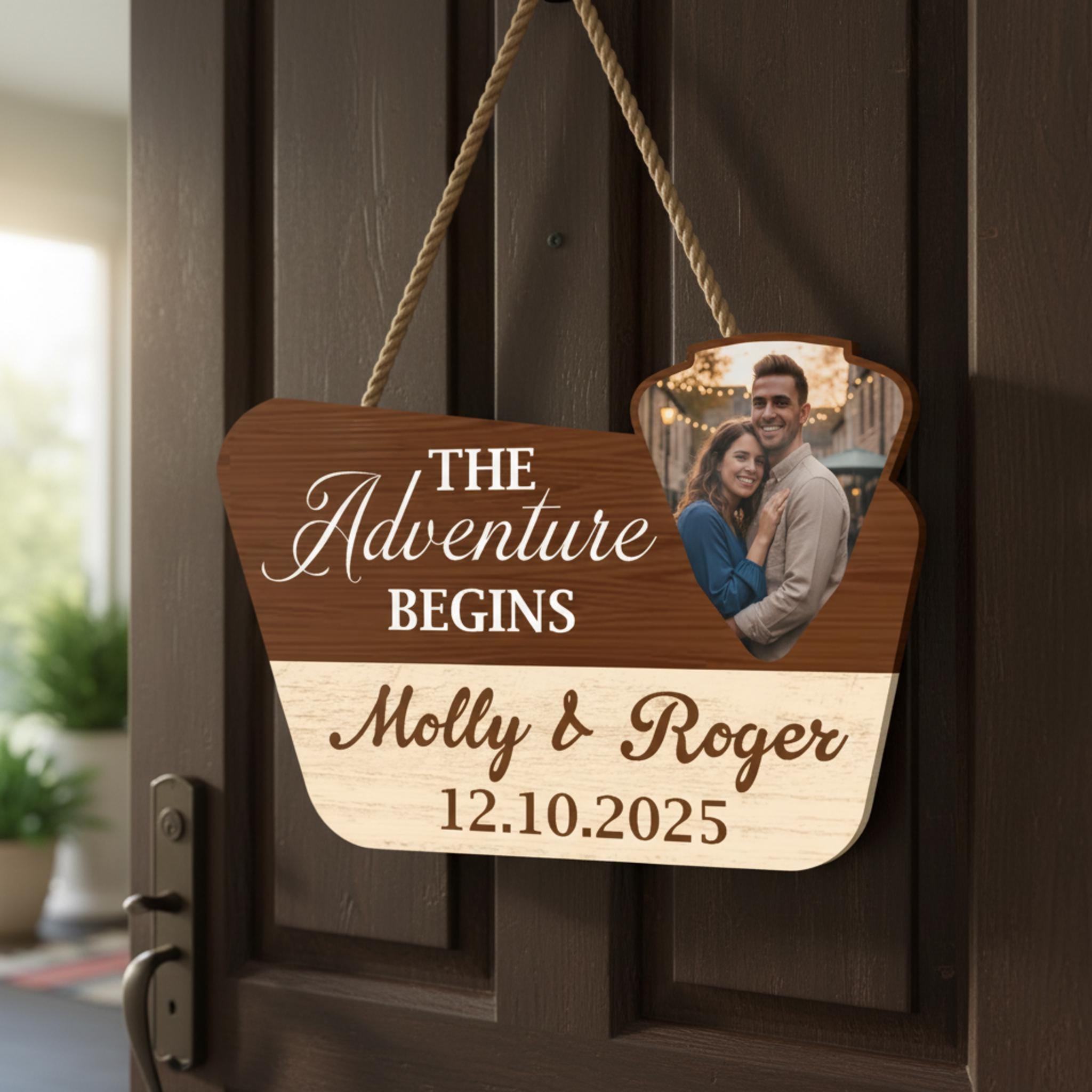 Custom Wedding Adventure Sign: 2025 Camping Couple Wood Door Hanger, Rustic Date Plaque