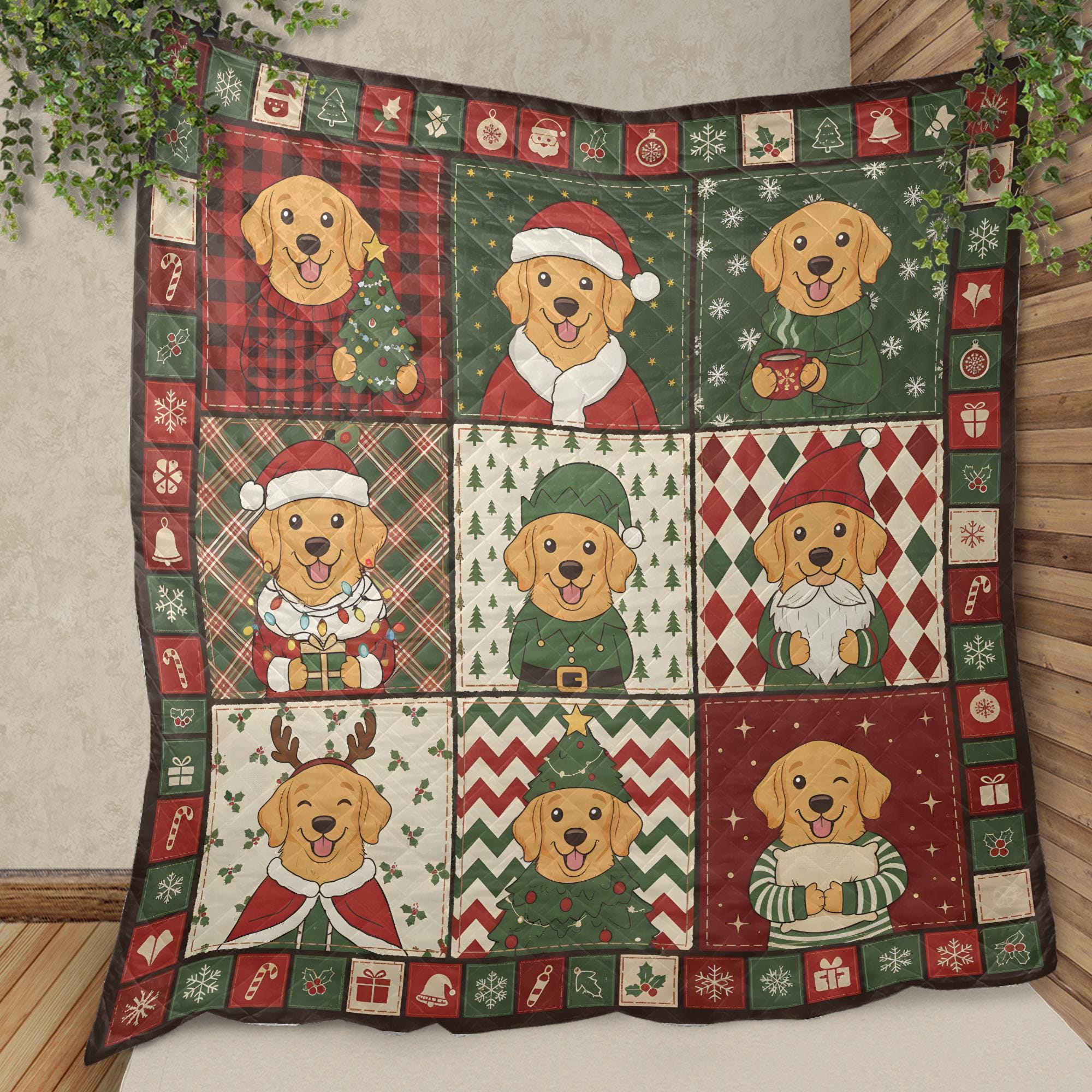 Golden Dog Christmas Quilt Blanket, Patchwork Puppy Print Throw, Holiday Bedspread