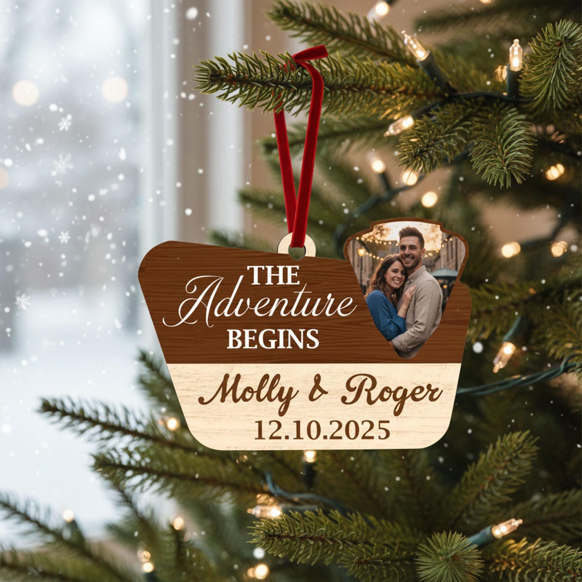 Custom Wedding Ornament 2025: Adventure Camping Couple Keepsake, Photo & Date Holiday Decor
