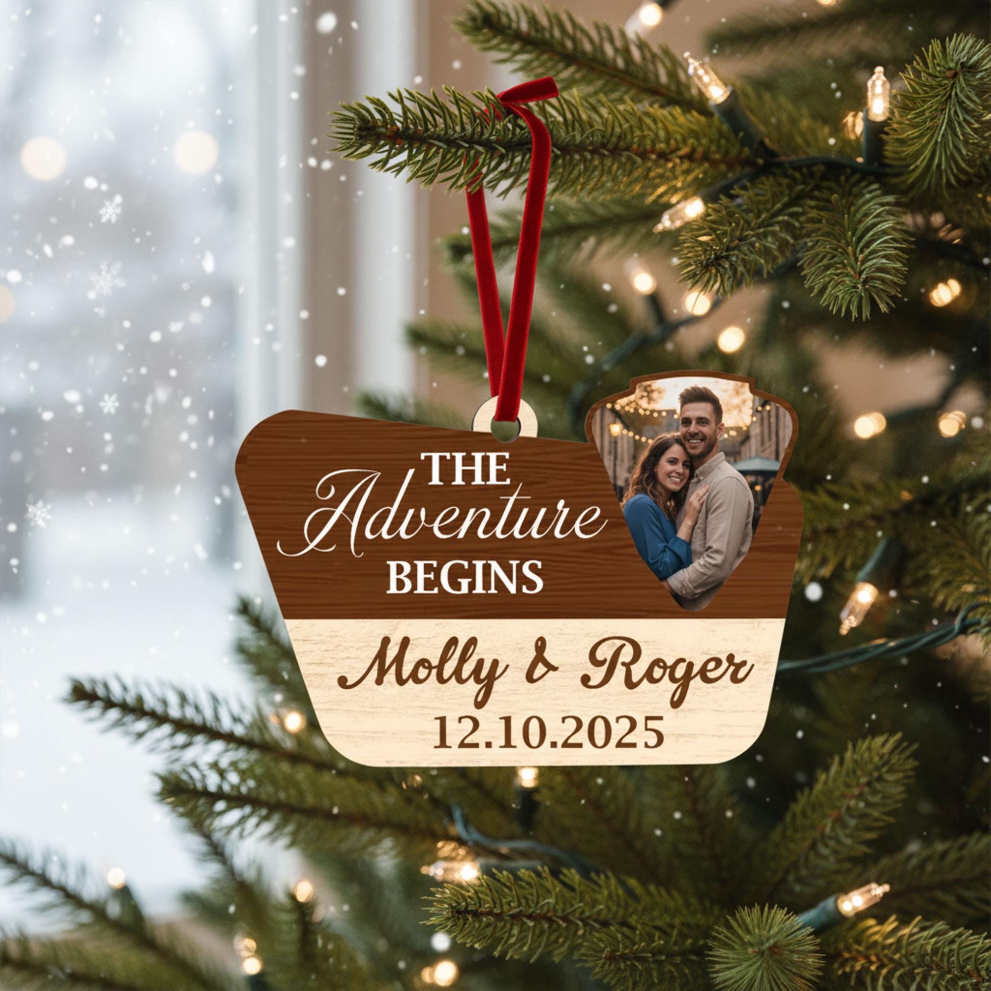 Custom Wedding Ornament 2025: Adventure Camping Couple Keepsake, Photo & Date Holiday Decor