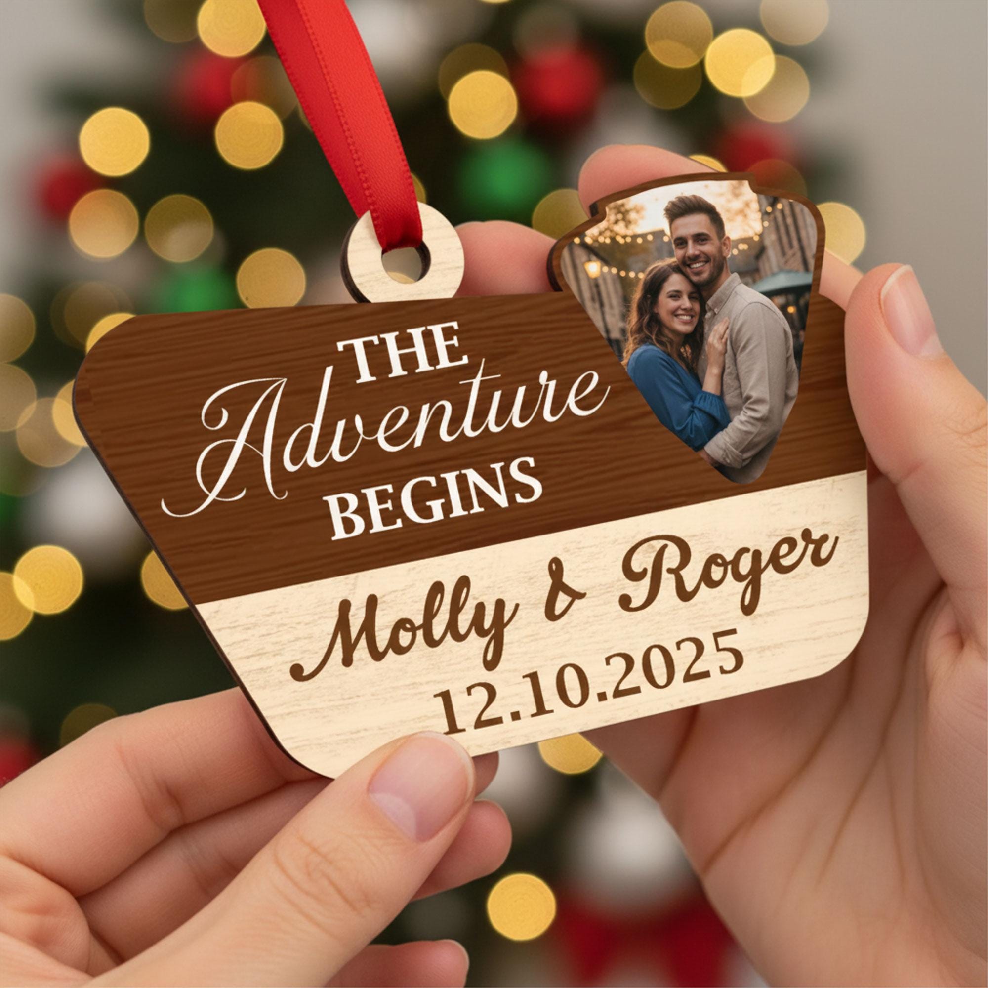 Custom Wedding Ornament 2025: Adventure Camping Couple Keepsake, Photo & Date Holiday Decor