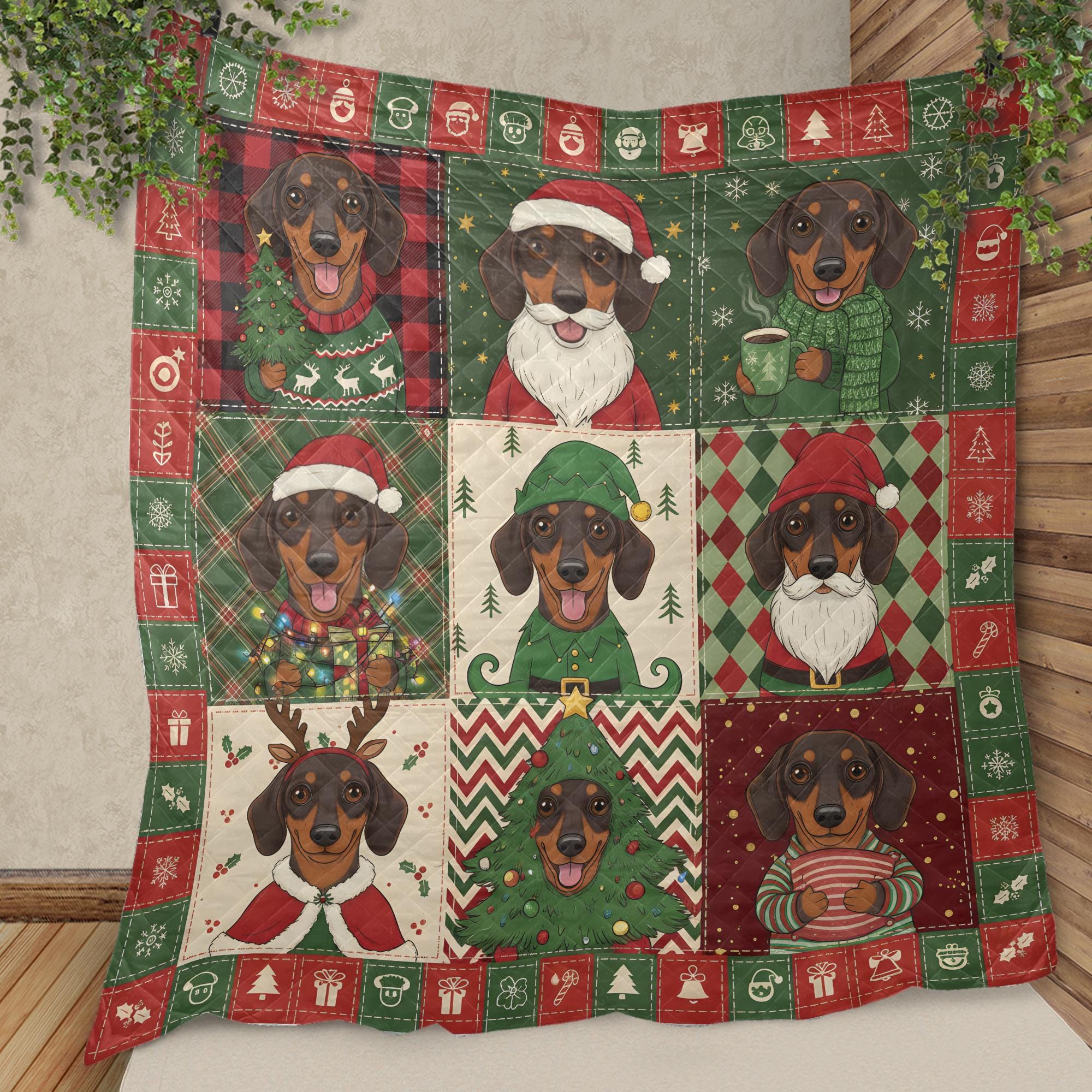 Dachshund Christmas Quilt Blanket, Patchwork Dog Print, Holiday Bedding