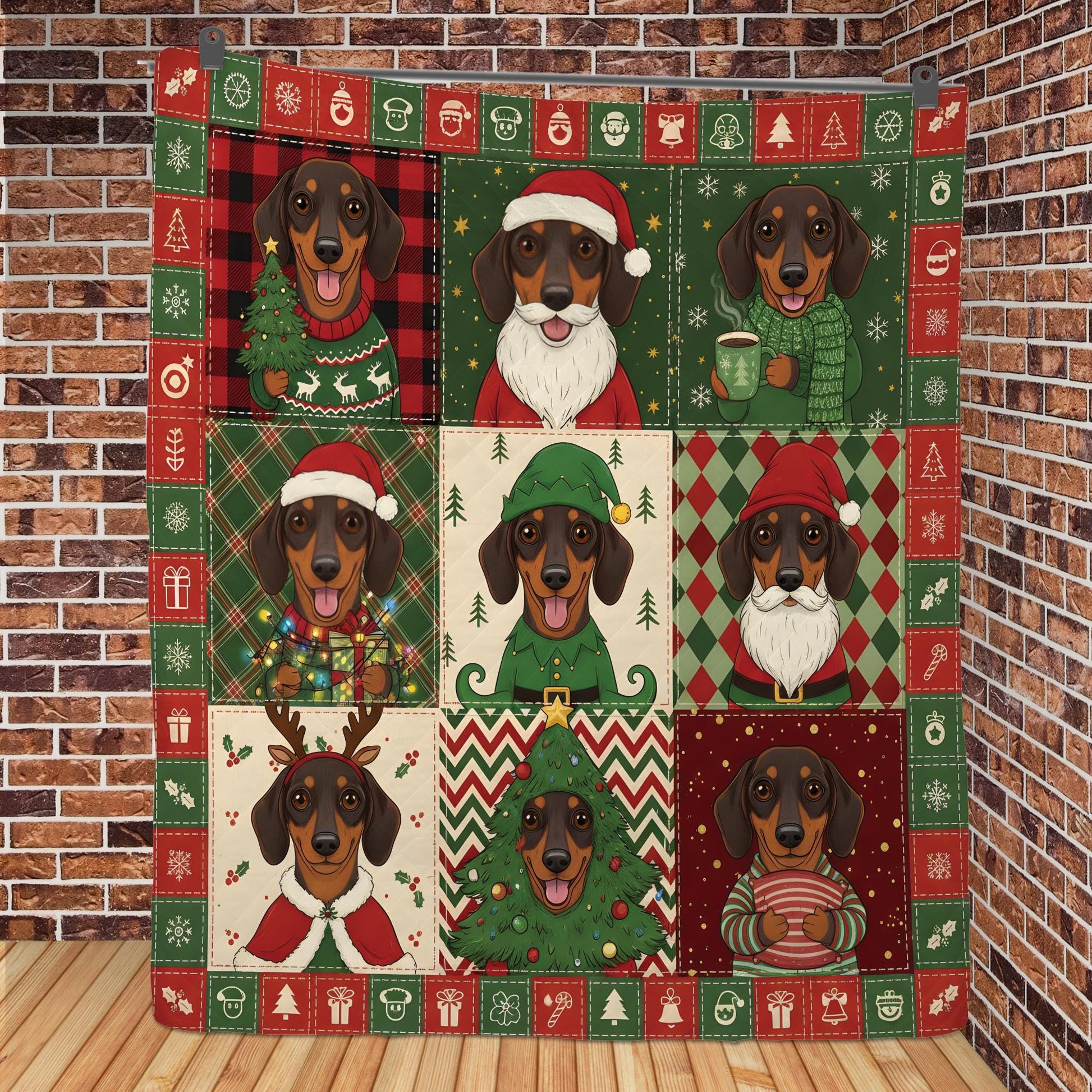 Dachshund Christmas Quilt Blanket, Patchwork Dog Print, Holiday Bedding