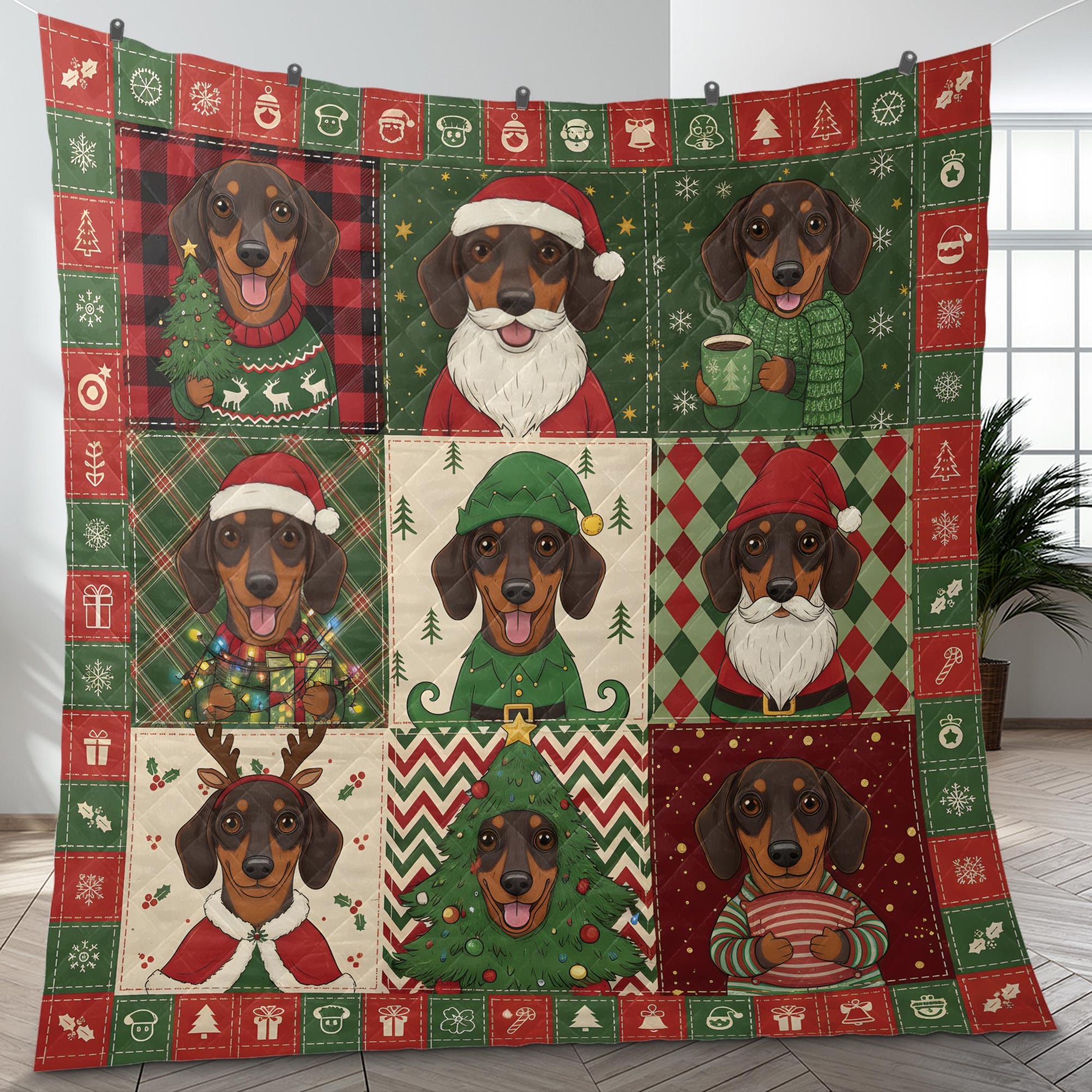 Dachshund Christmas Quilt Blanket, Patchwork Dog Print, Holiday Bedding