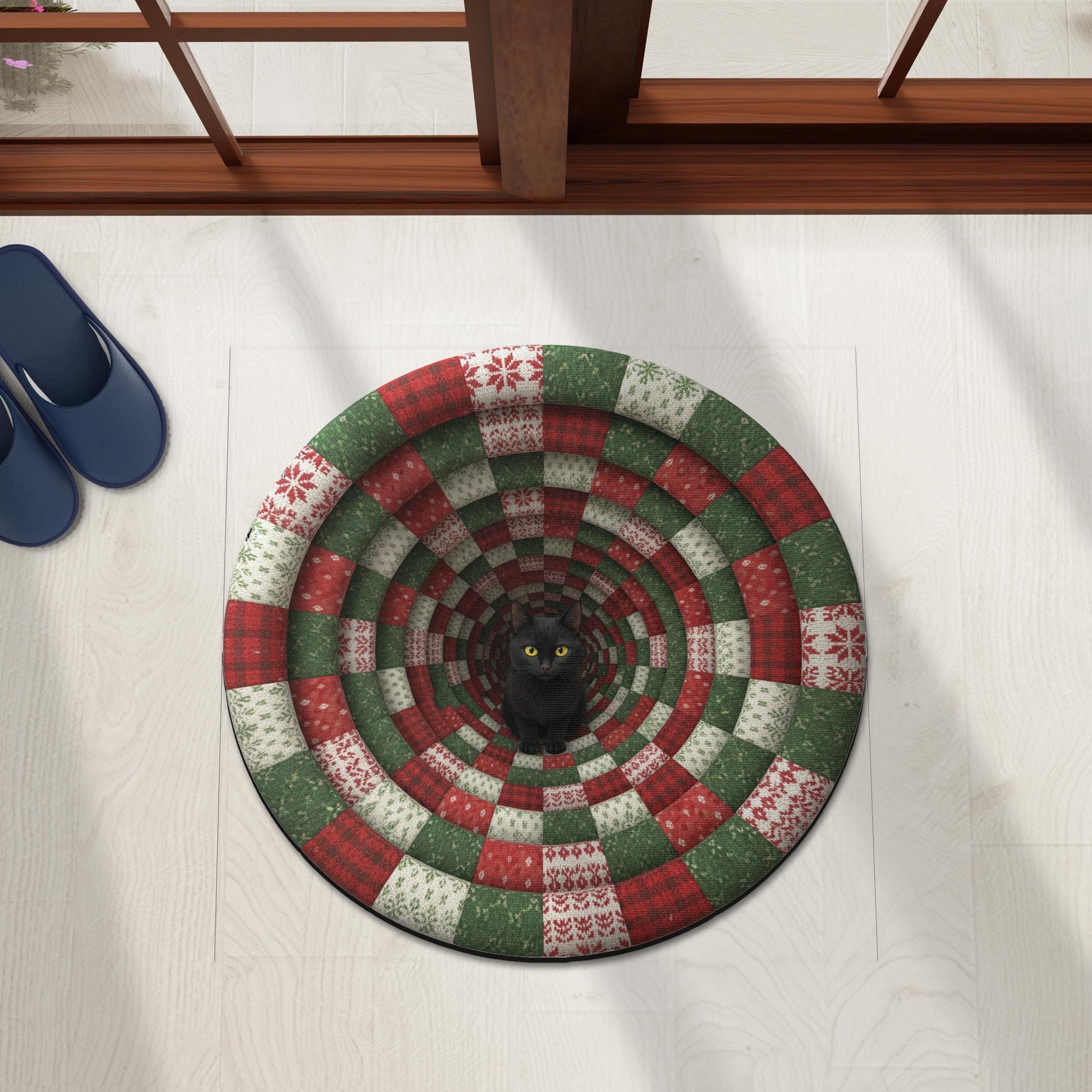 Round Shape Christmas Door Mat– Cat Tunnel Design, Non-Slip Back, Indoor Outdoor Holiday Mat