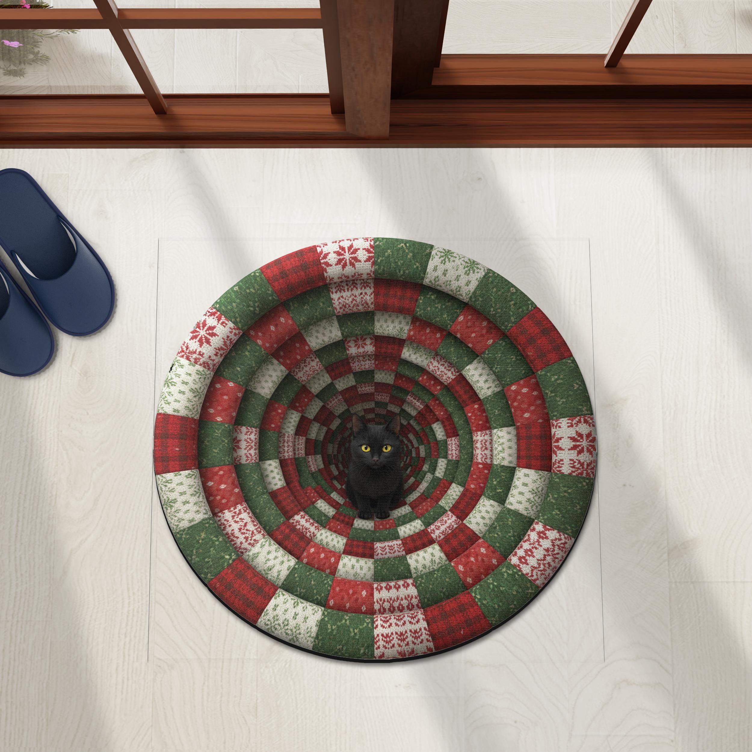Round Shape Christmas Door Mat– Cat Tunnel Design, Non-Slip Back, Indoor Outdoor Holiday Mat