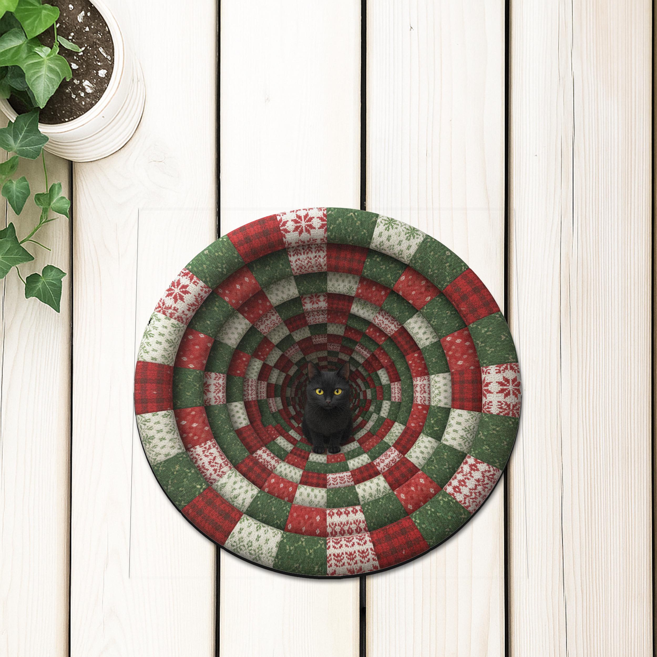 Round Shape Christmas Door Mat– Cat Tunnel Design, Non-Slip Back, Indoor Outdoor Holiday Mat