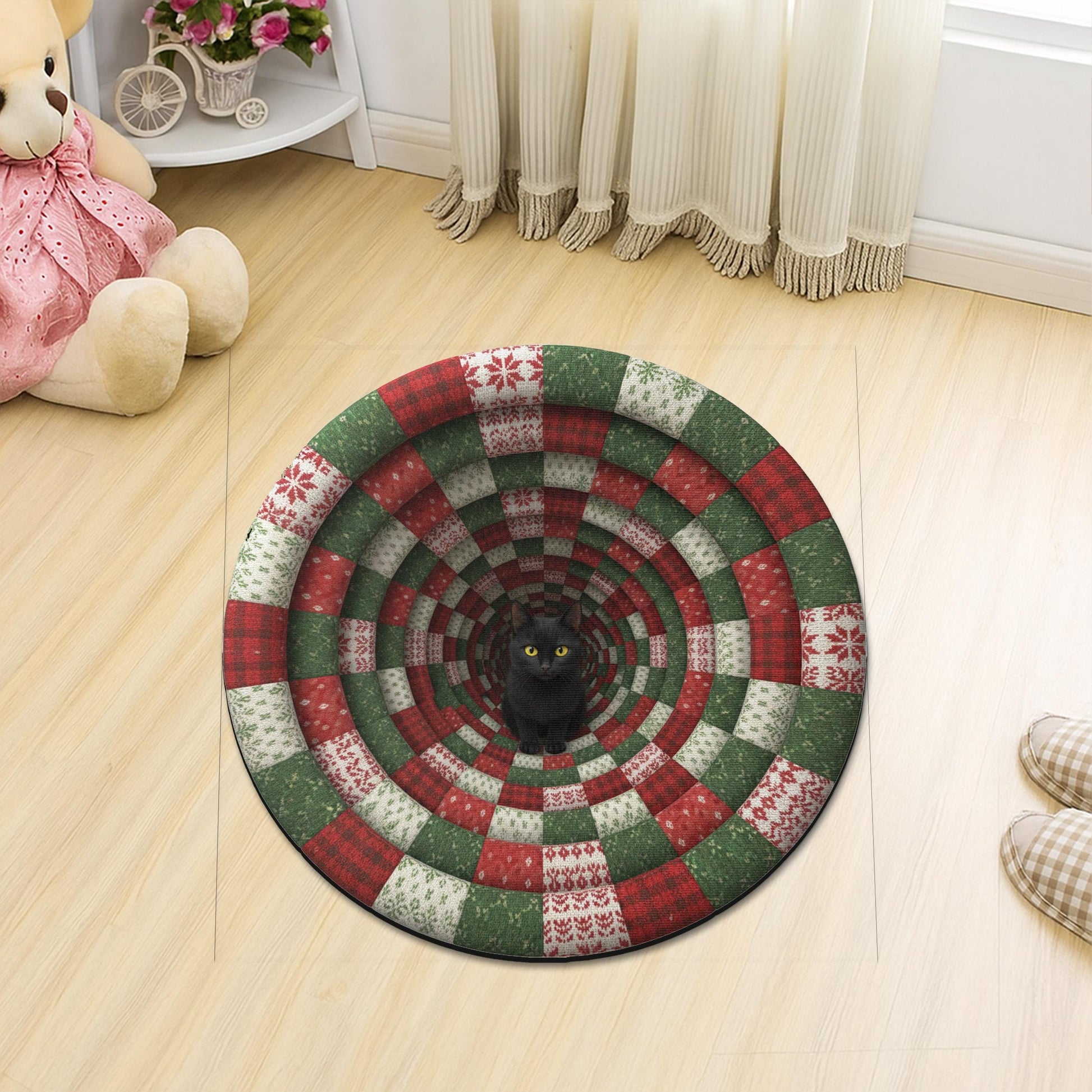 Round Shape Christmas Door Mat– Cat Tunnel Design, Non-Slip Back, Indoor Outdoor Holiday Mat