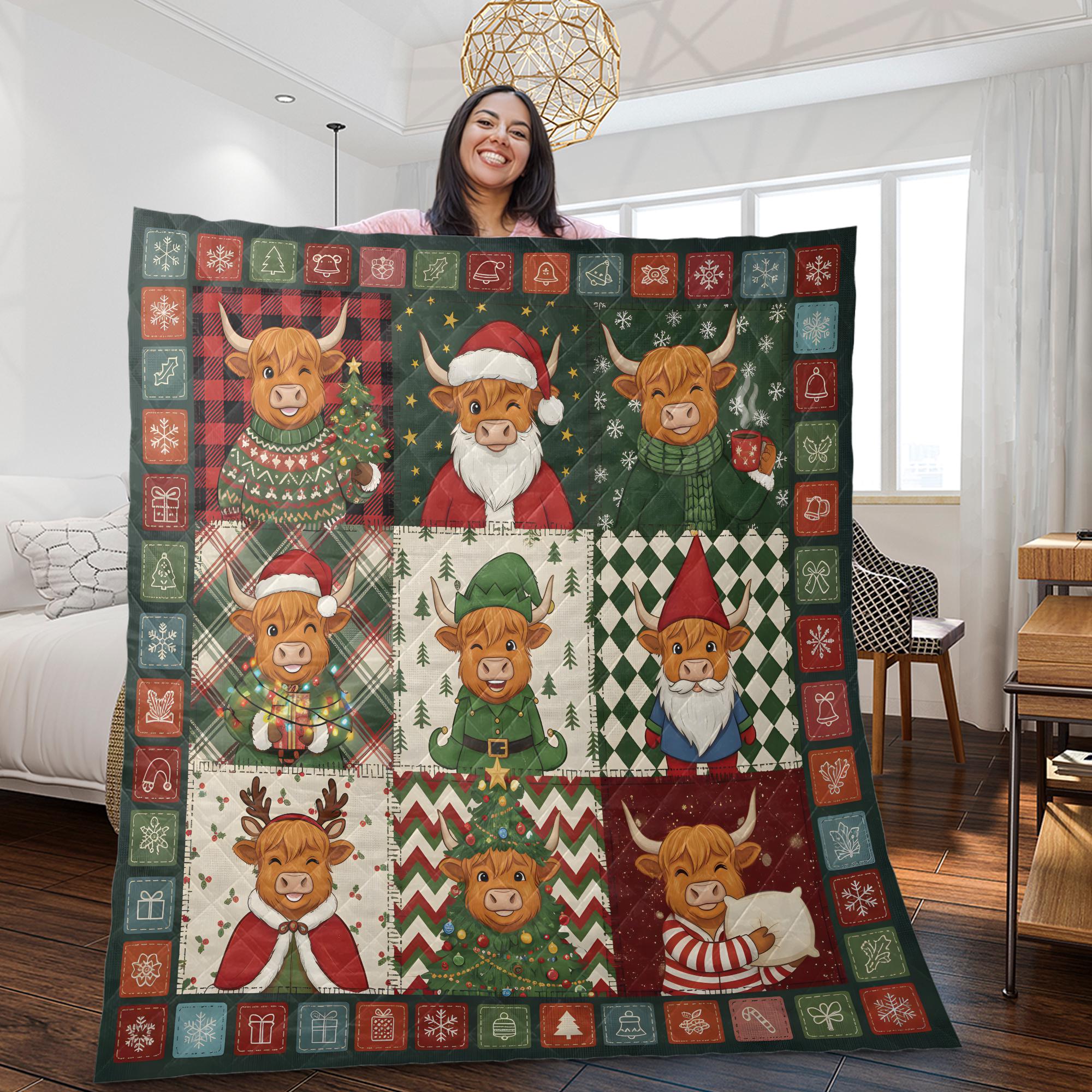 Highland Cow Christmas Quilt Blanket, Patchwork Farm Cow Print, Winter Bed Throw