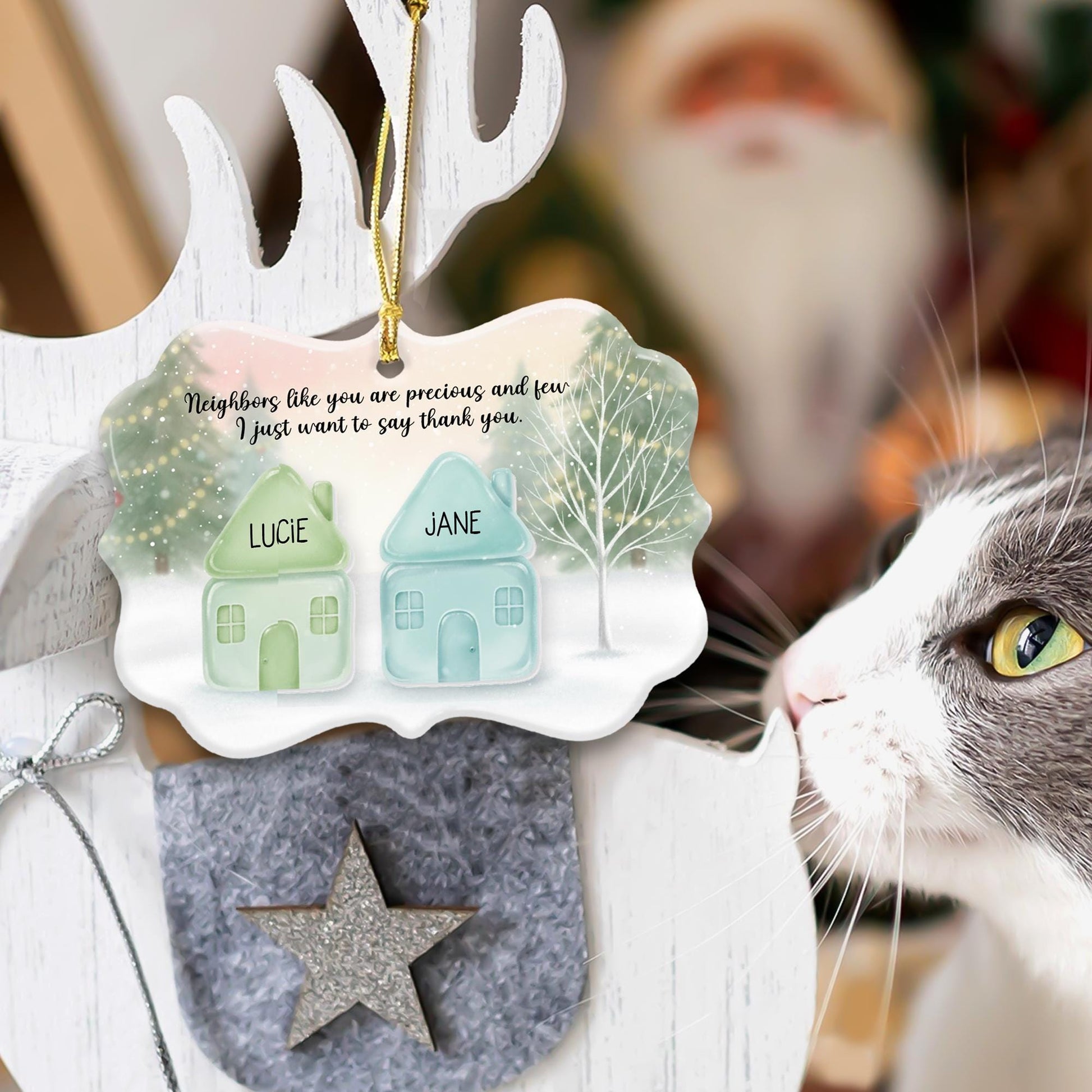 Custom Neighbor Ceramic Ornament with Custom Name House Pieces Design, Personalized Winter Decor