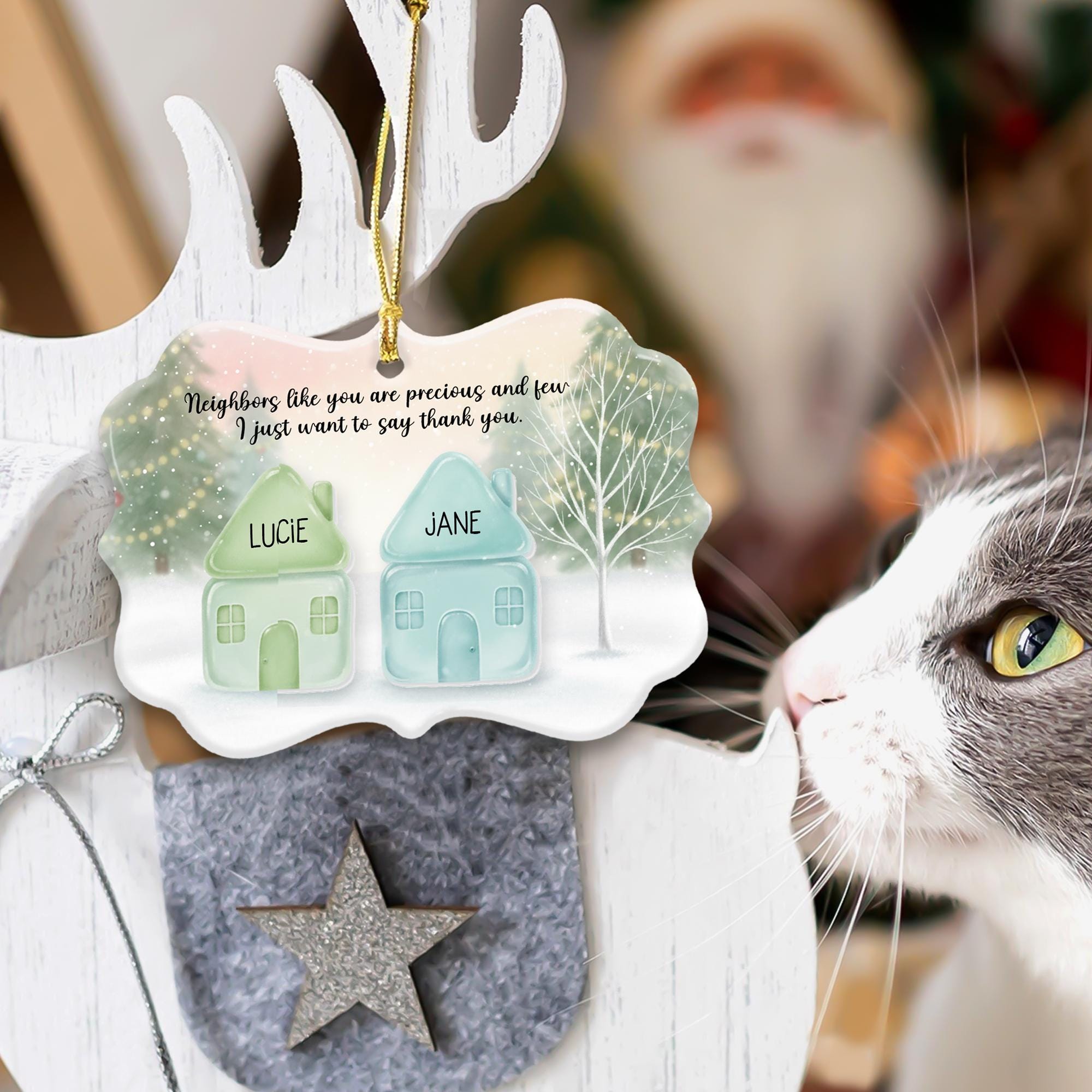 Custom Neighbor Ceramic Ornament with Custom Name House Pieces Design, Personalized Winter Decor
